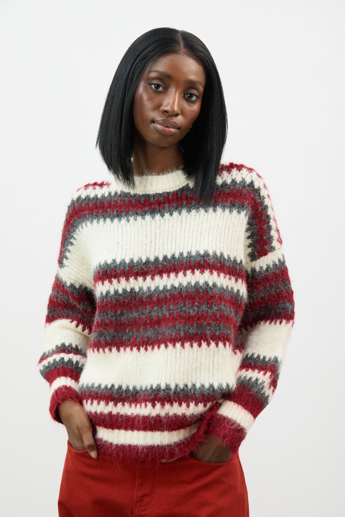 Red ivory and grey wool blend fuzzy striped jumper_1