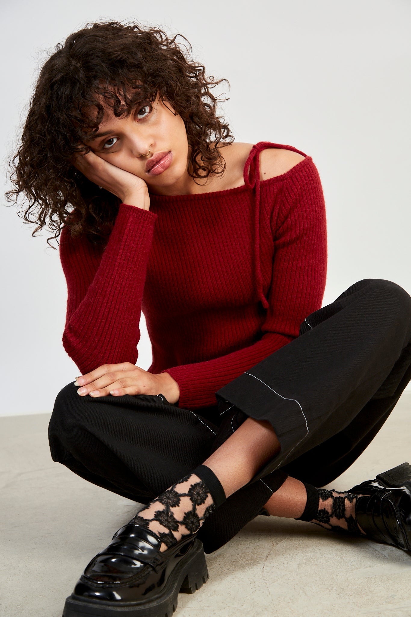 Red one shoulder tie knit top_5