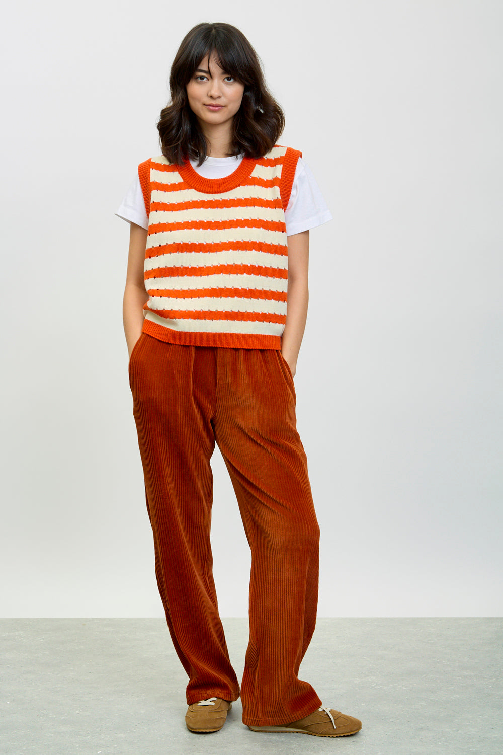 Red orange and white striped sweater vest_4
