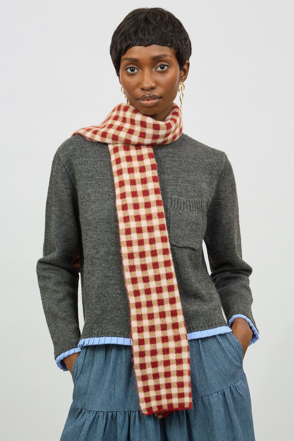 Red pink and beige gingham scarf_5