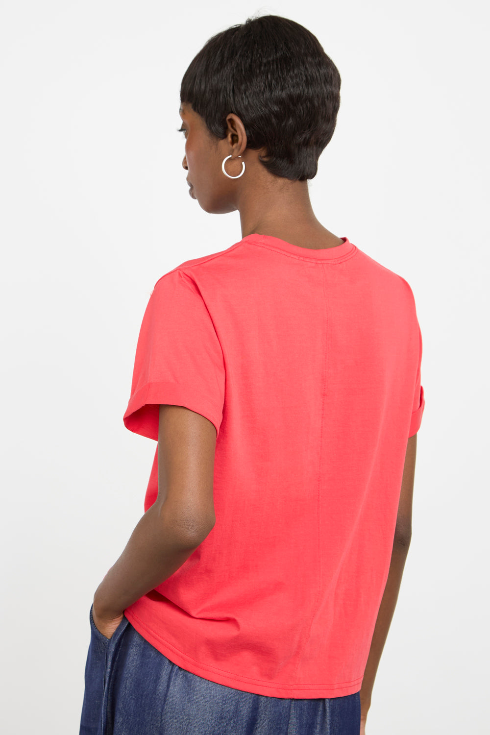Red pure cotton rolled hem T-shirt_2