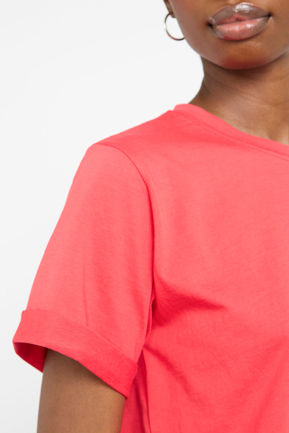 Red pure cotton rolled hem T-shirt_3