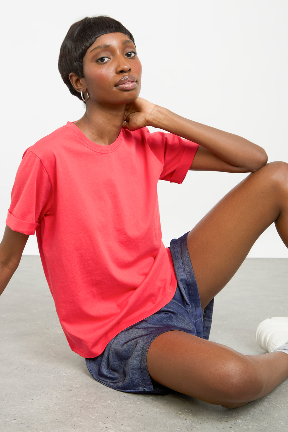 Red pure cotton rolled hem T-shirt_5