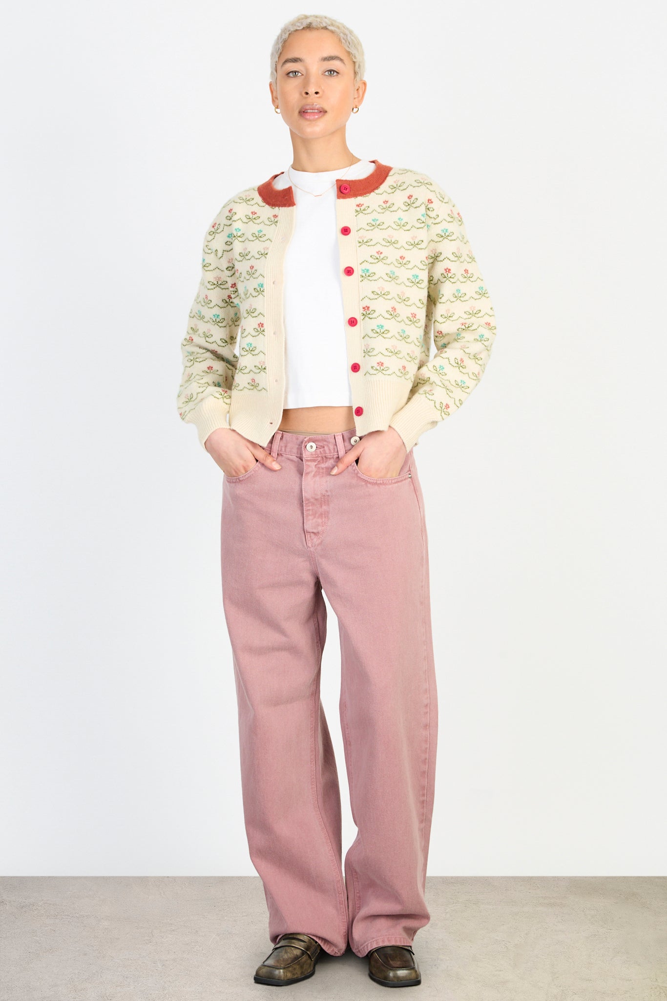 Red trim floral motif cardigan_5