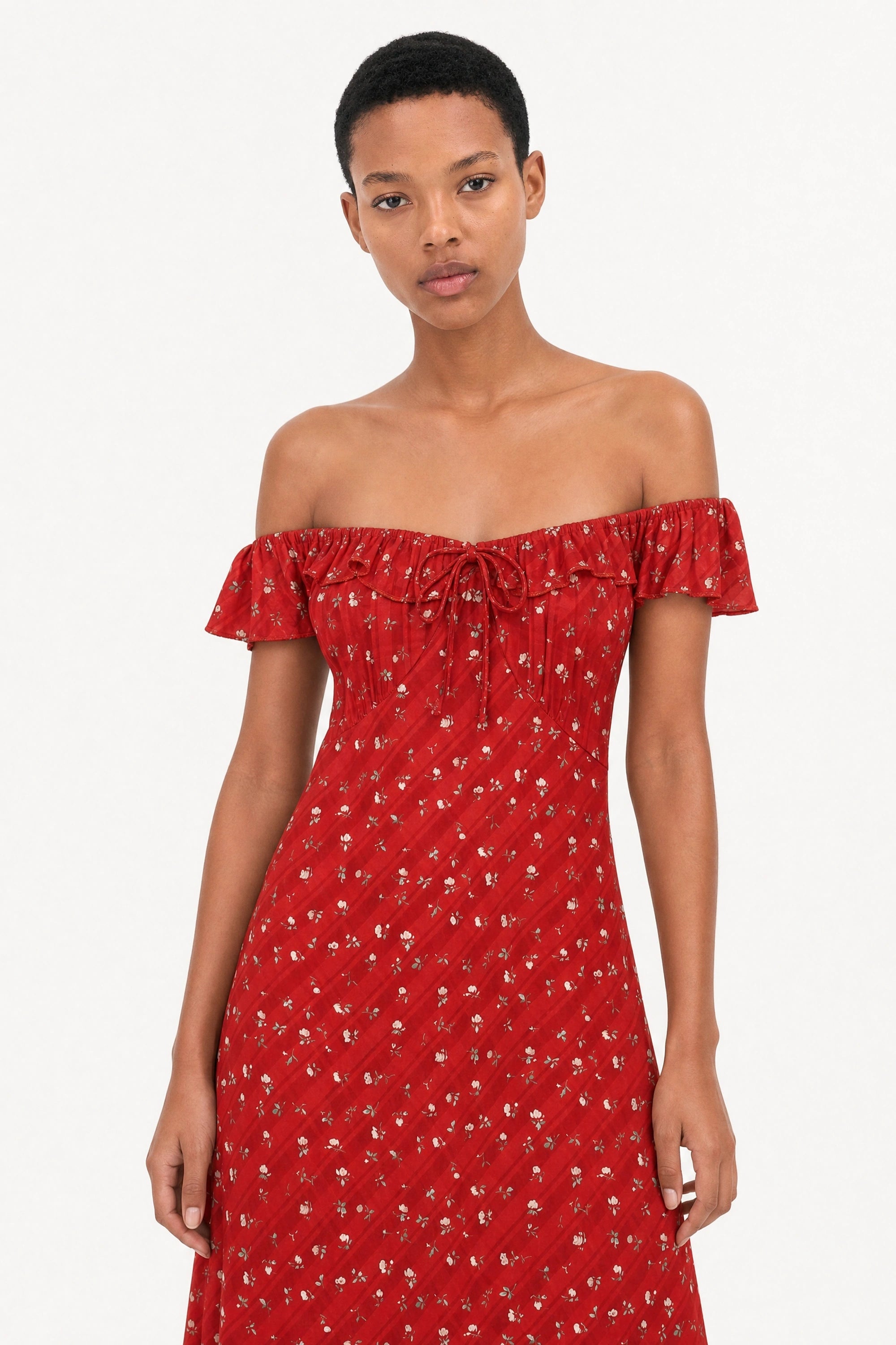 Red floral print frill straps silky dress_3