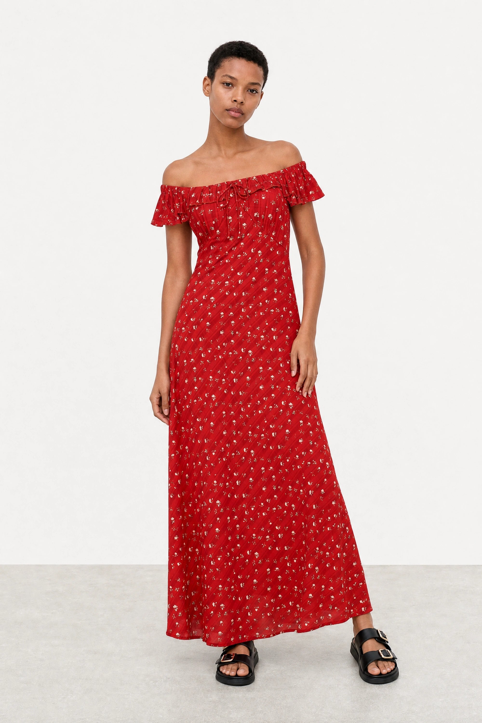 Red floral print frill straps silky dress_1