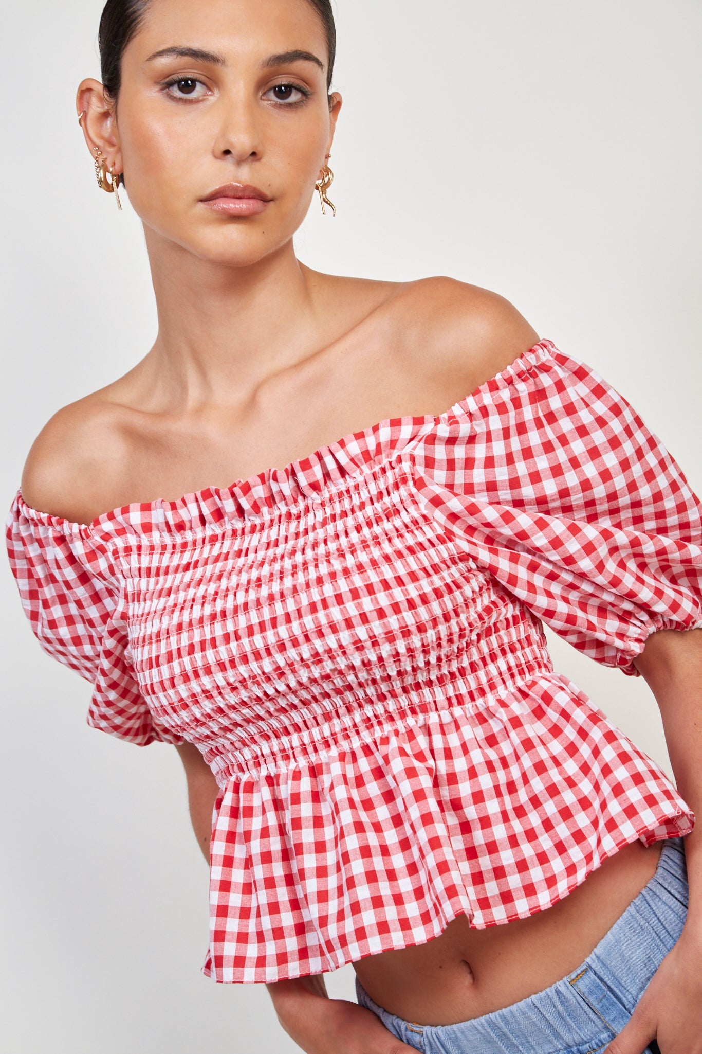 Red gingham ruched top_1