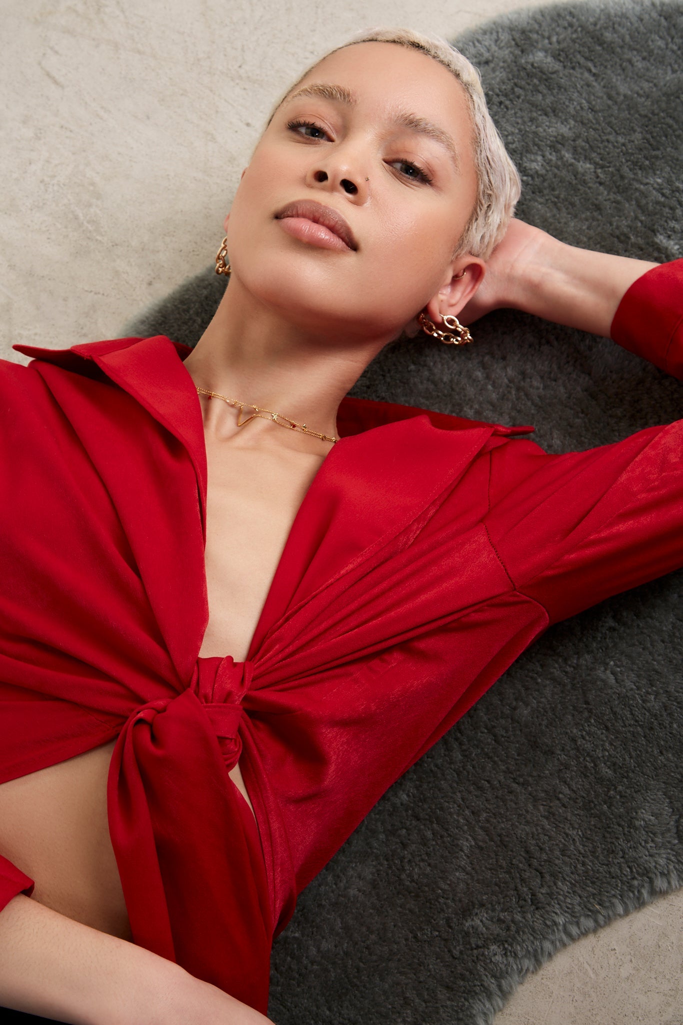 Red silky plunging tie front shirt_7