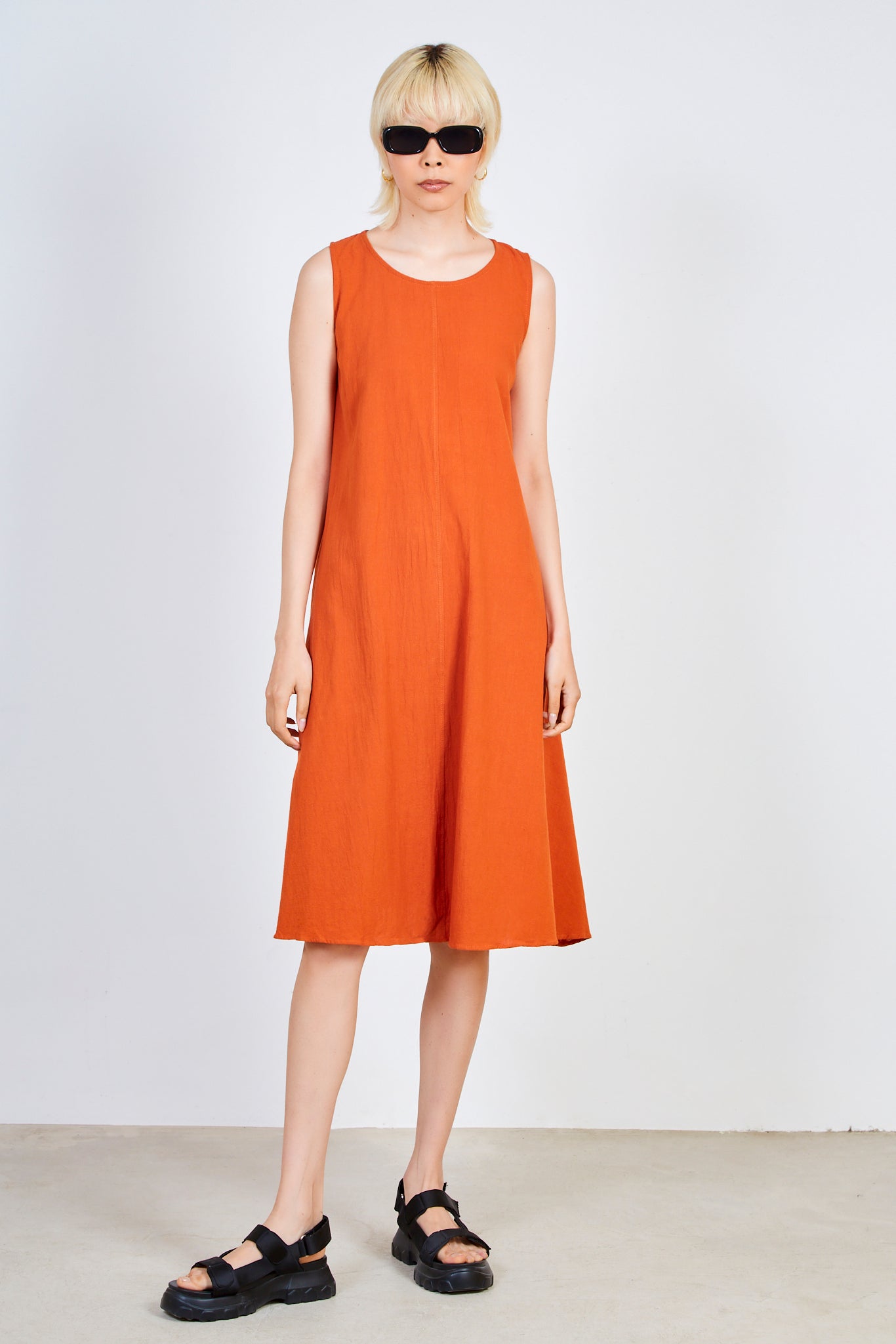 Rust orange linen blend tank midi dress_1