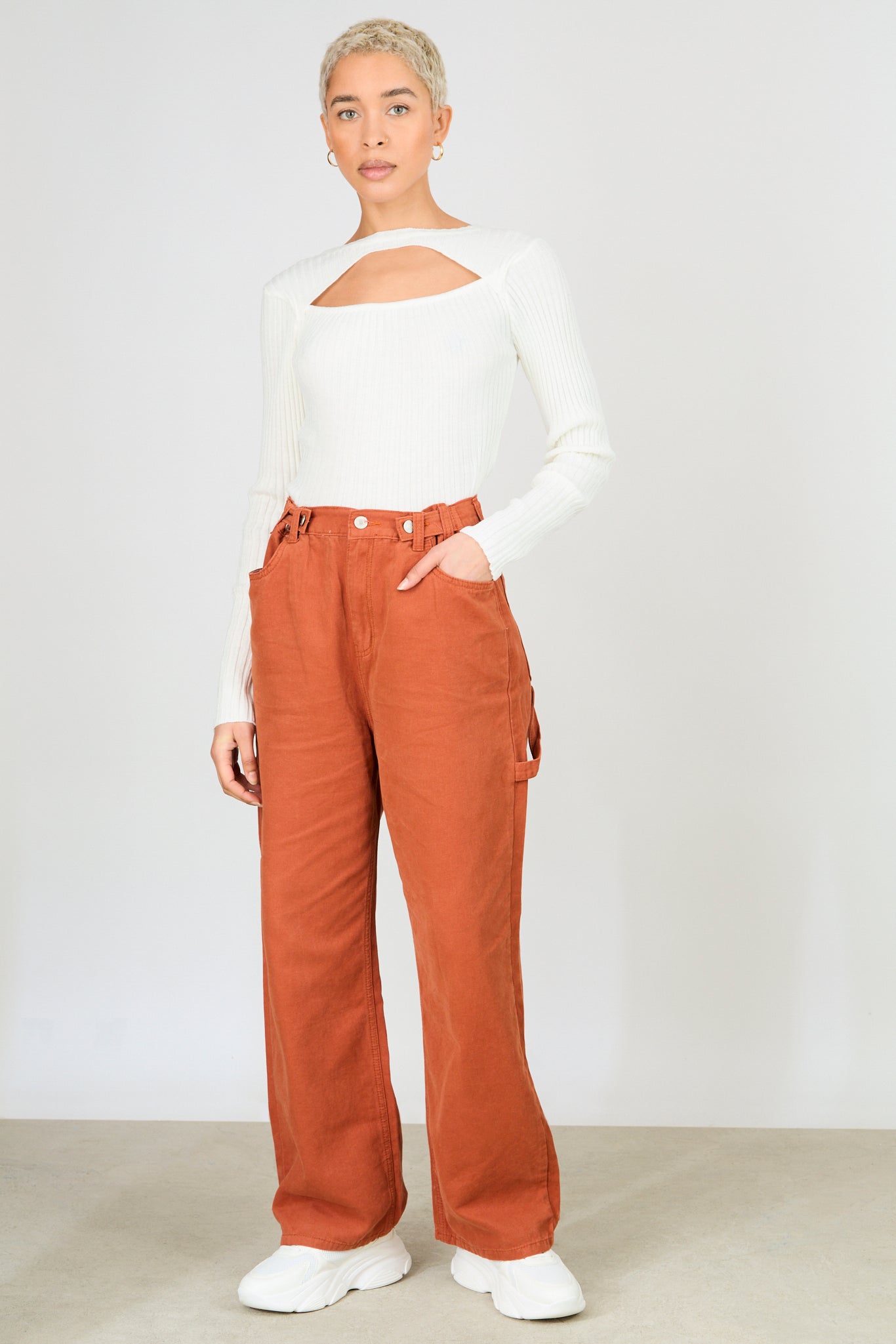 Rust orange adjustable waist double button jeans_4