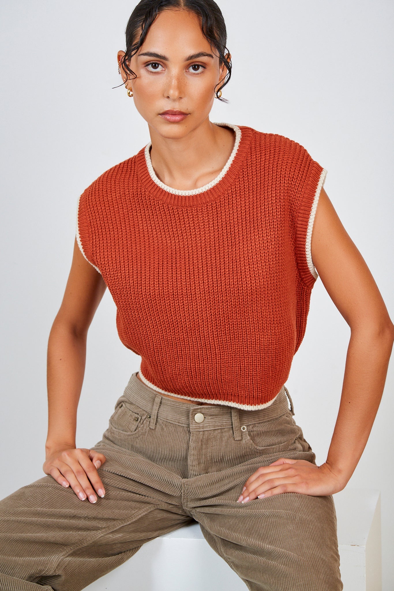 Rust brown and ivory trim open tie back sweater vest_5