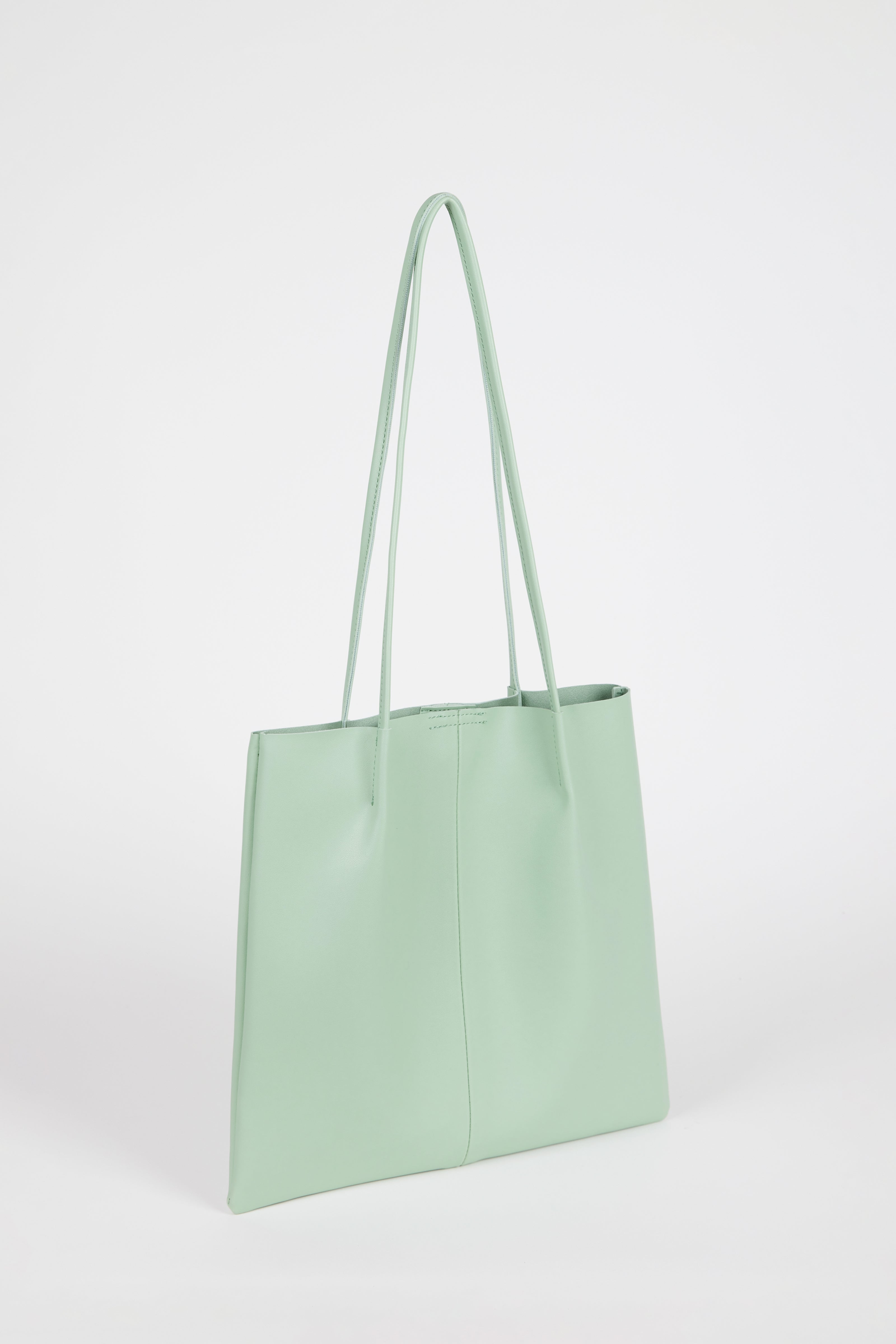 Sage green vegan leather pinched strap tote bag_3