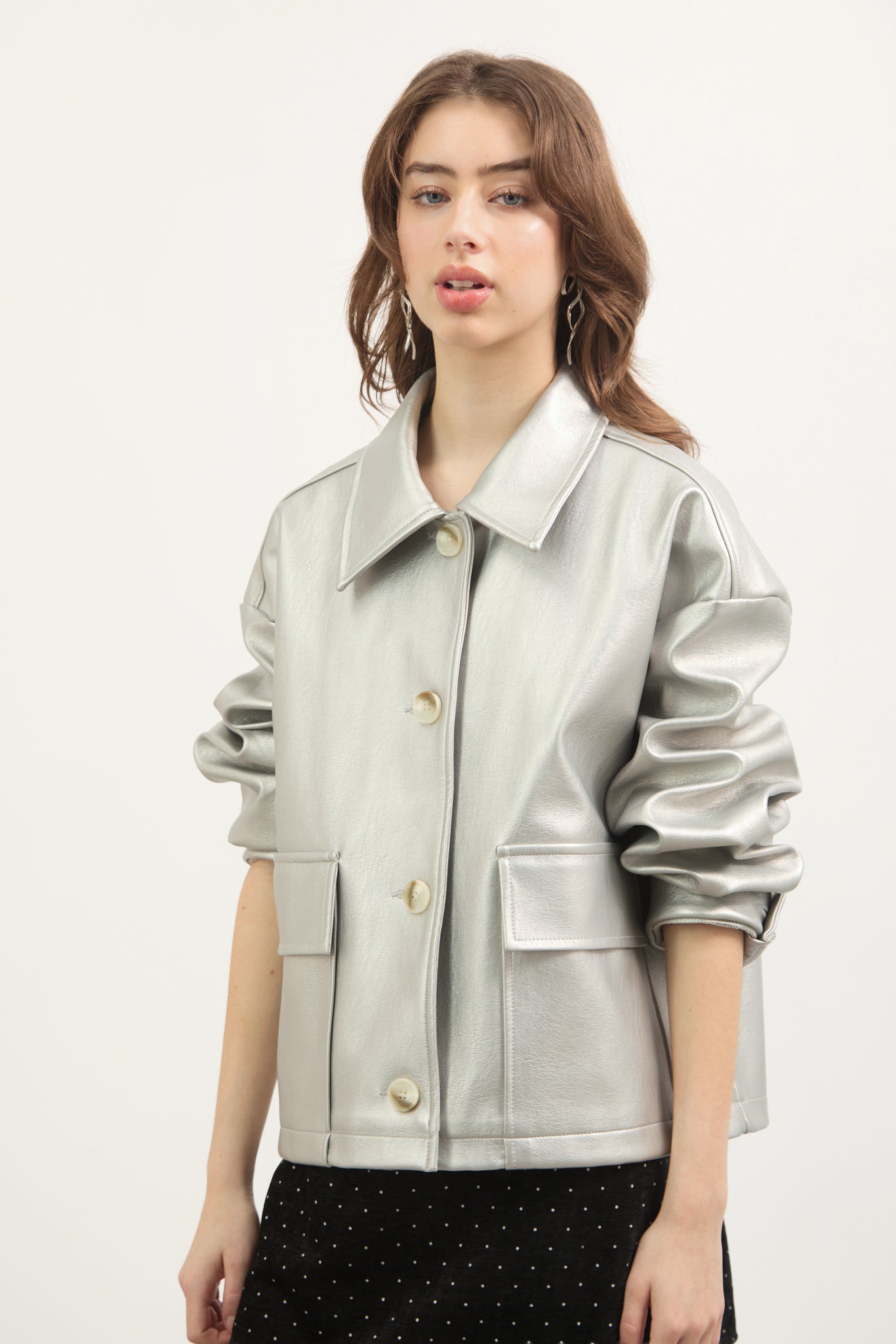 Silver vegan leather button up short jacket_1