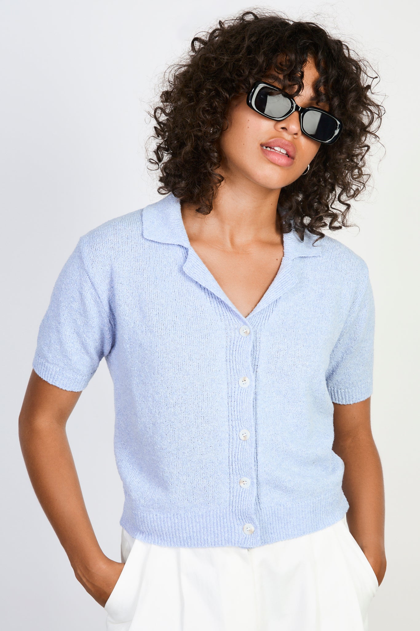 Sky blue linen blend collared cardigan_1