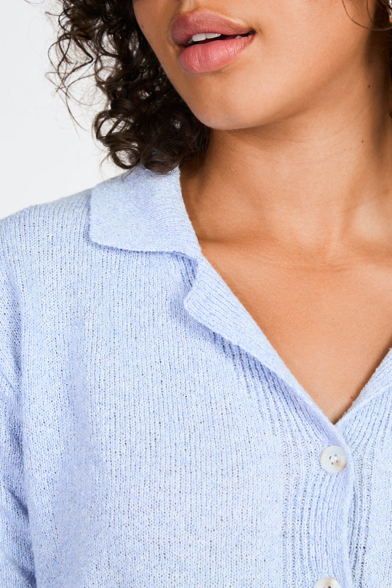 Sky blue linen blend collared cardigan_3