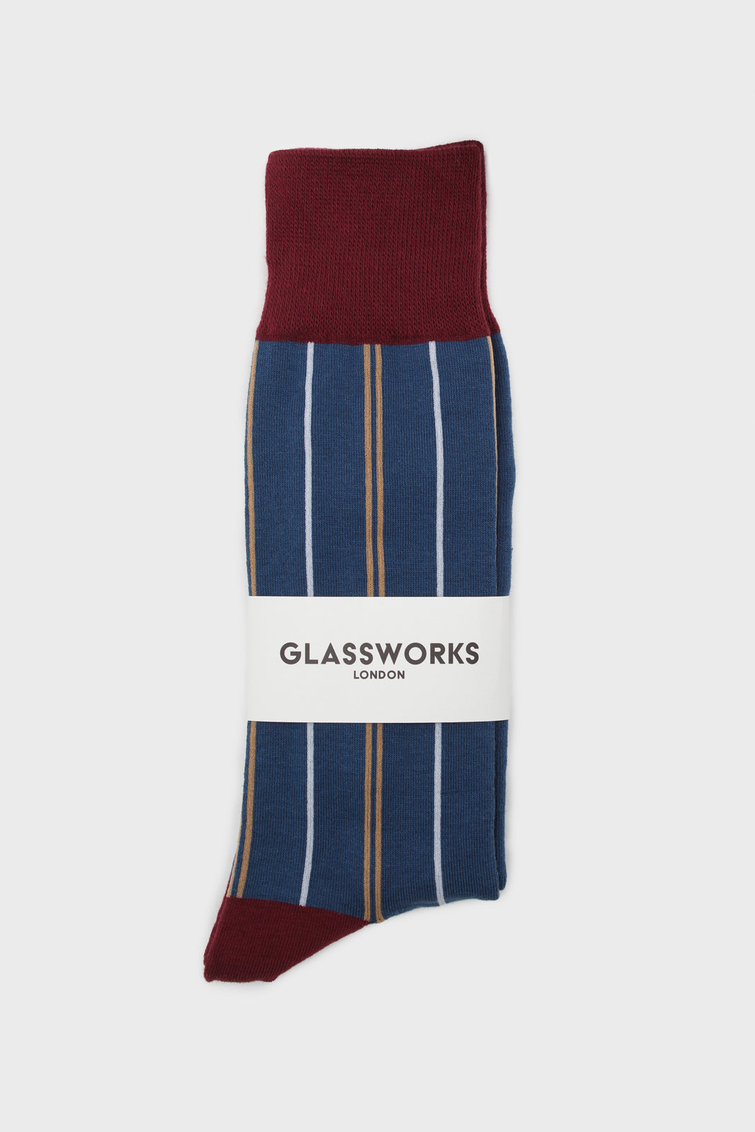 Blue and beige striped burgundy trim socks_4