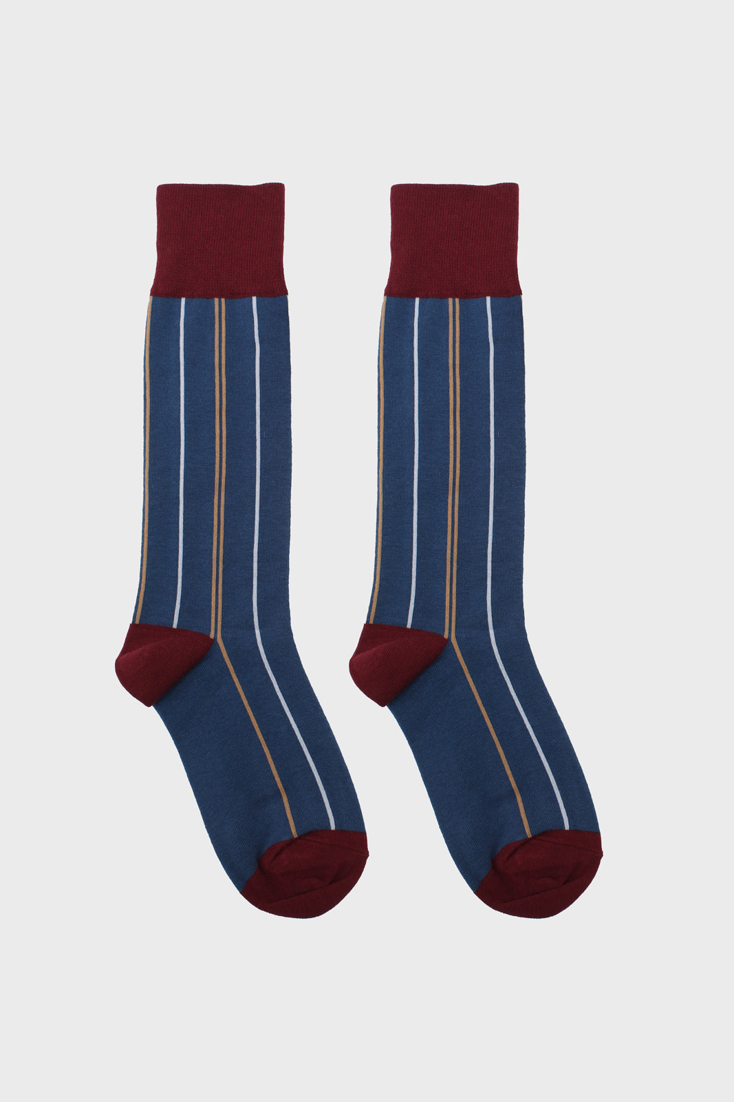 Blue and beige striped burgundy trim socks_3