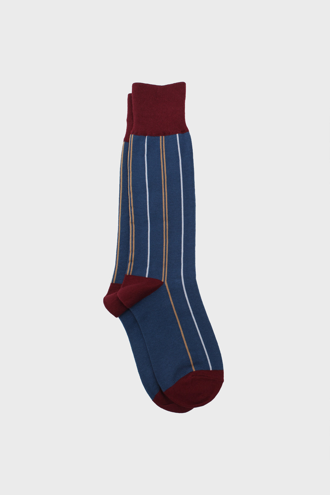 Blue and beige striped burgundy trim socks_1