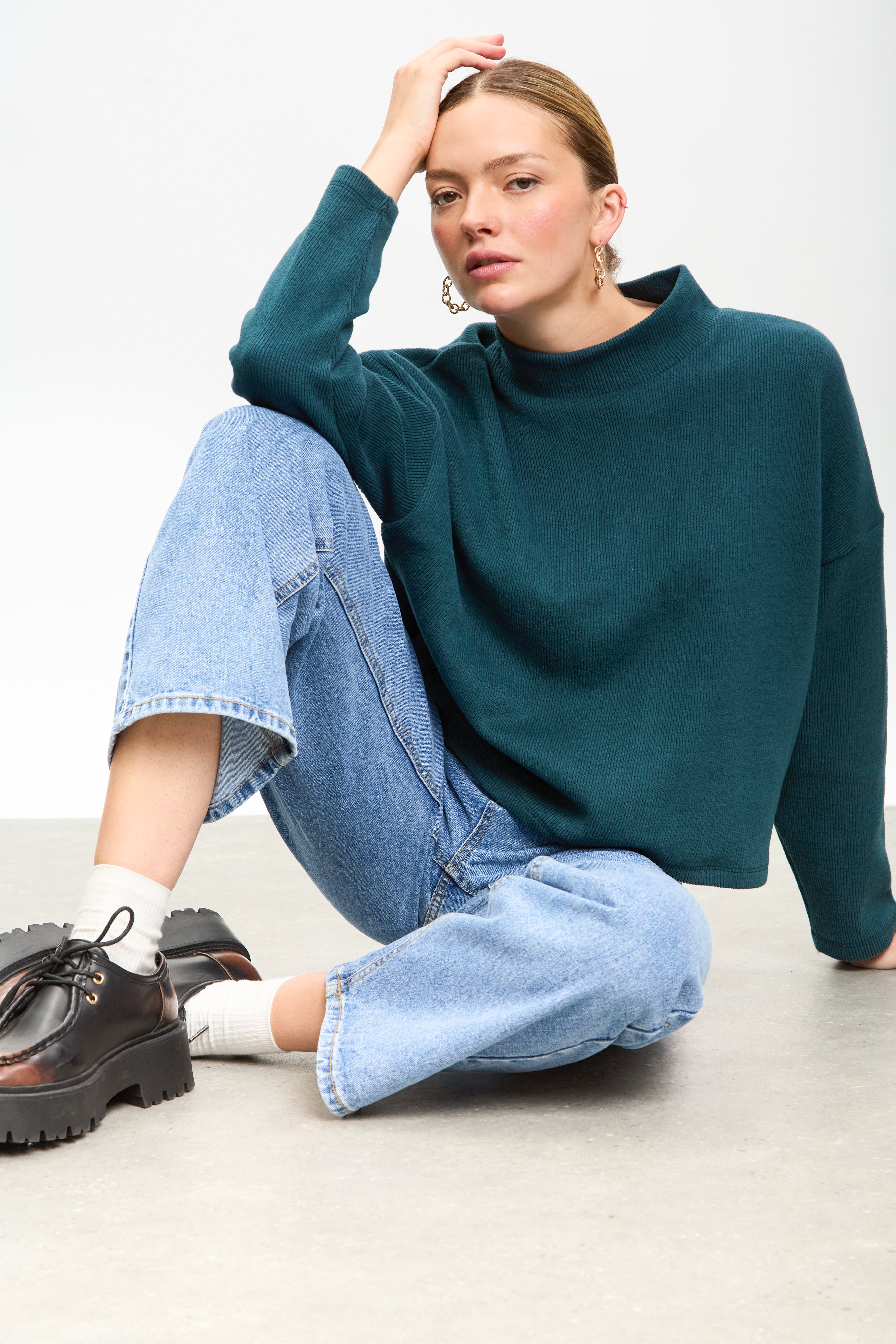 Teal micro ribbed mock neck top_5