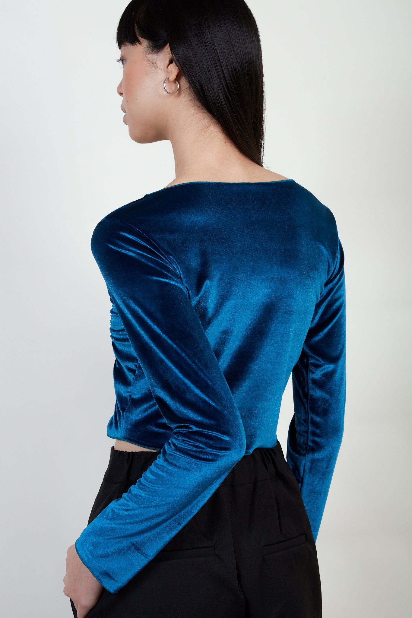 Teal velvet shirring long sleeve top_3