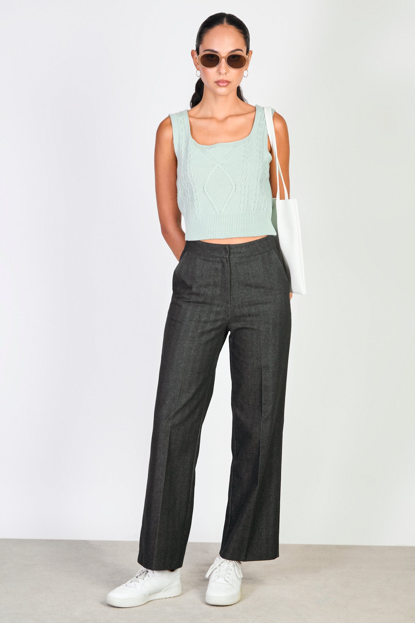 Washed black herringbone denim smart trousers_4