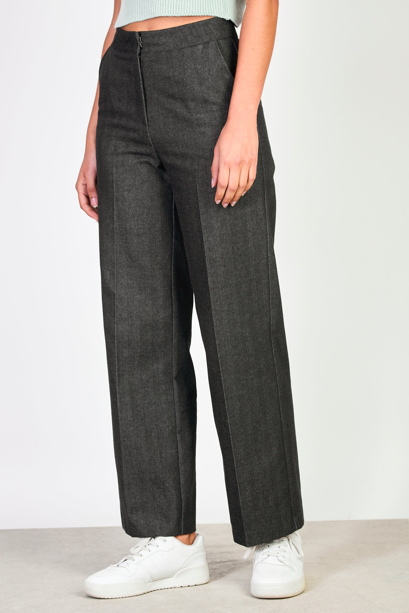 Washed black herringbone denim smart trousers_1