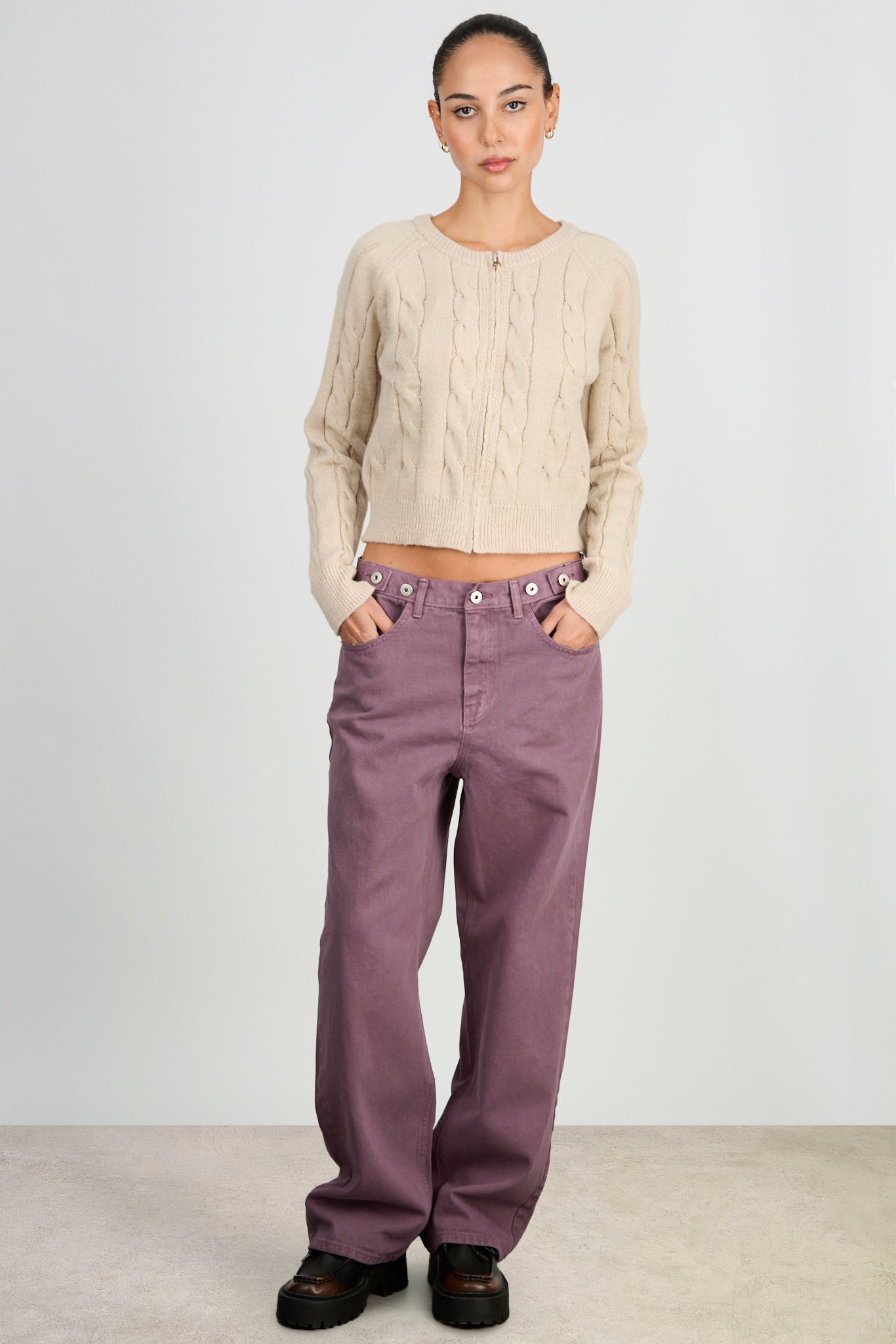 Washed purple adjustable waist double button jeans_4