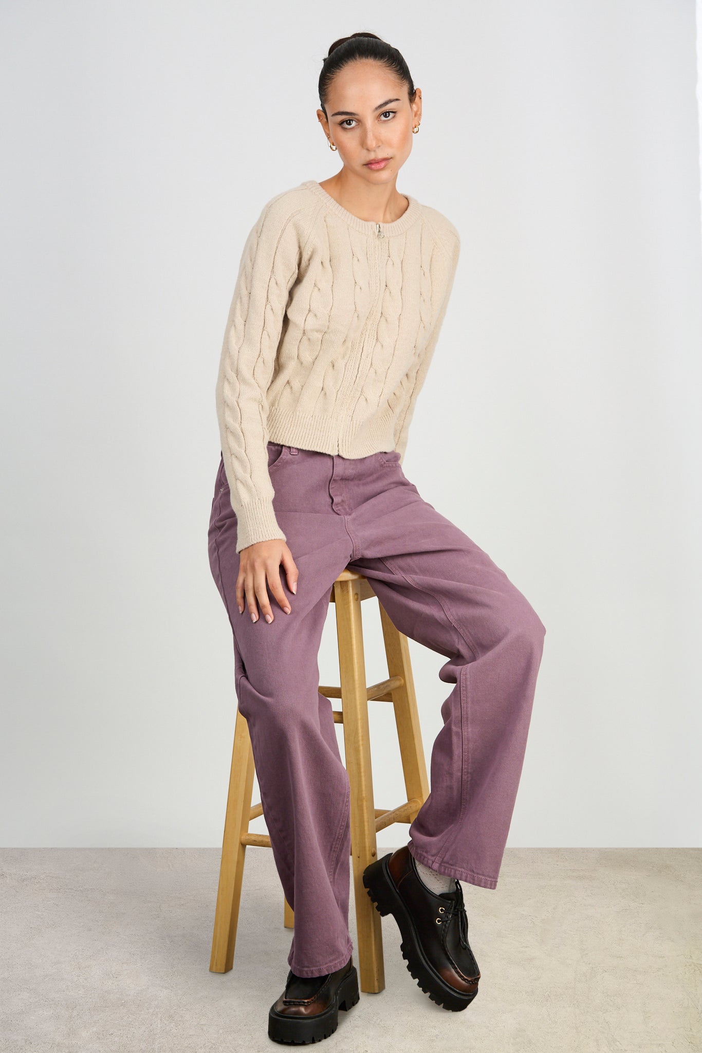 Washed purple adjustable waist double button jeans_5