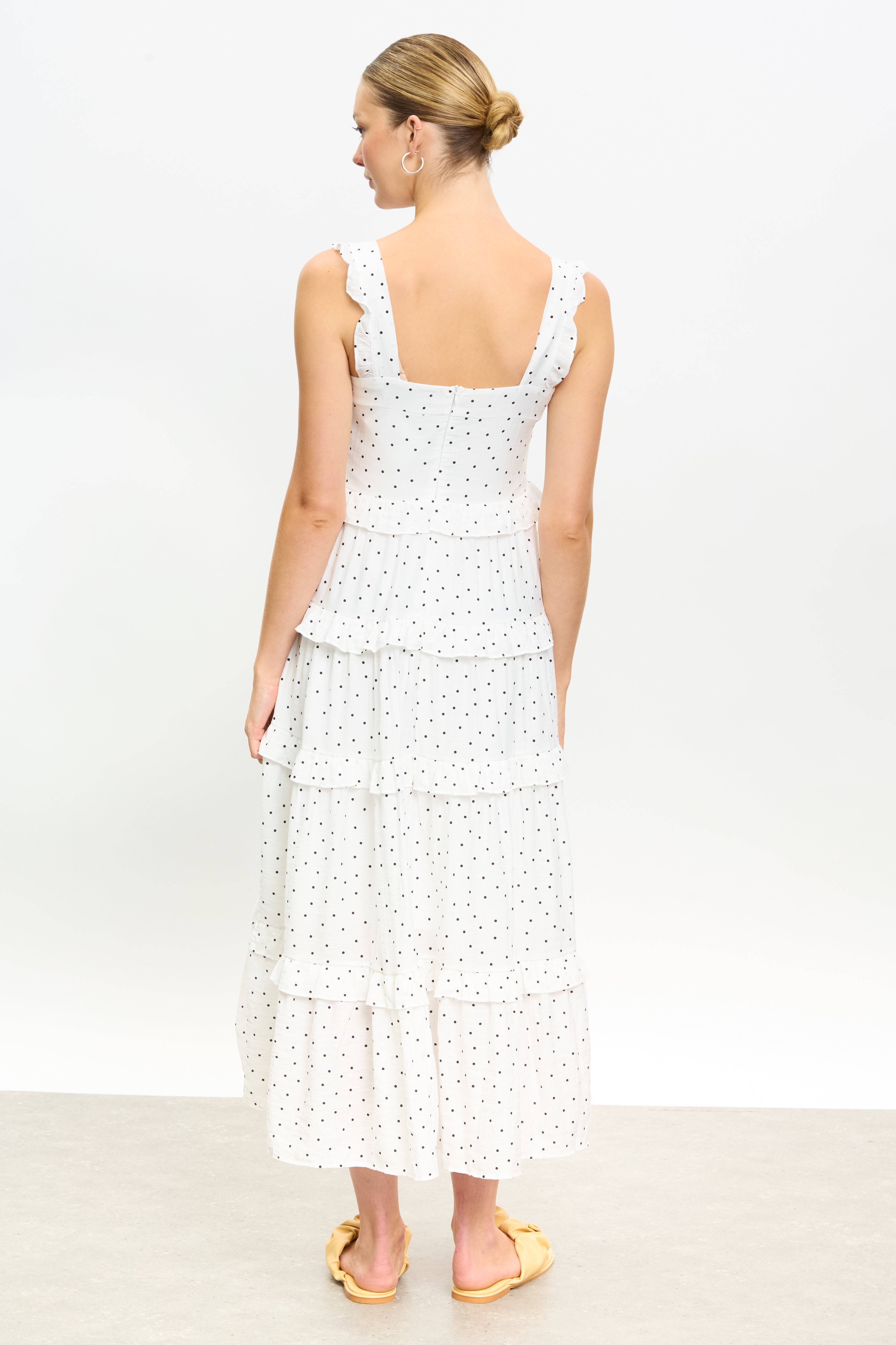 White and black polka dot ruffle trim tiered dress_2