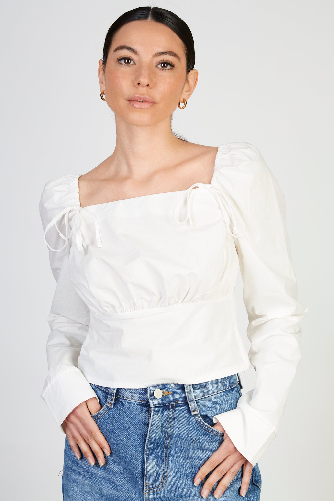 White double bow front sleeve fitted bodice blouse_1