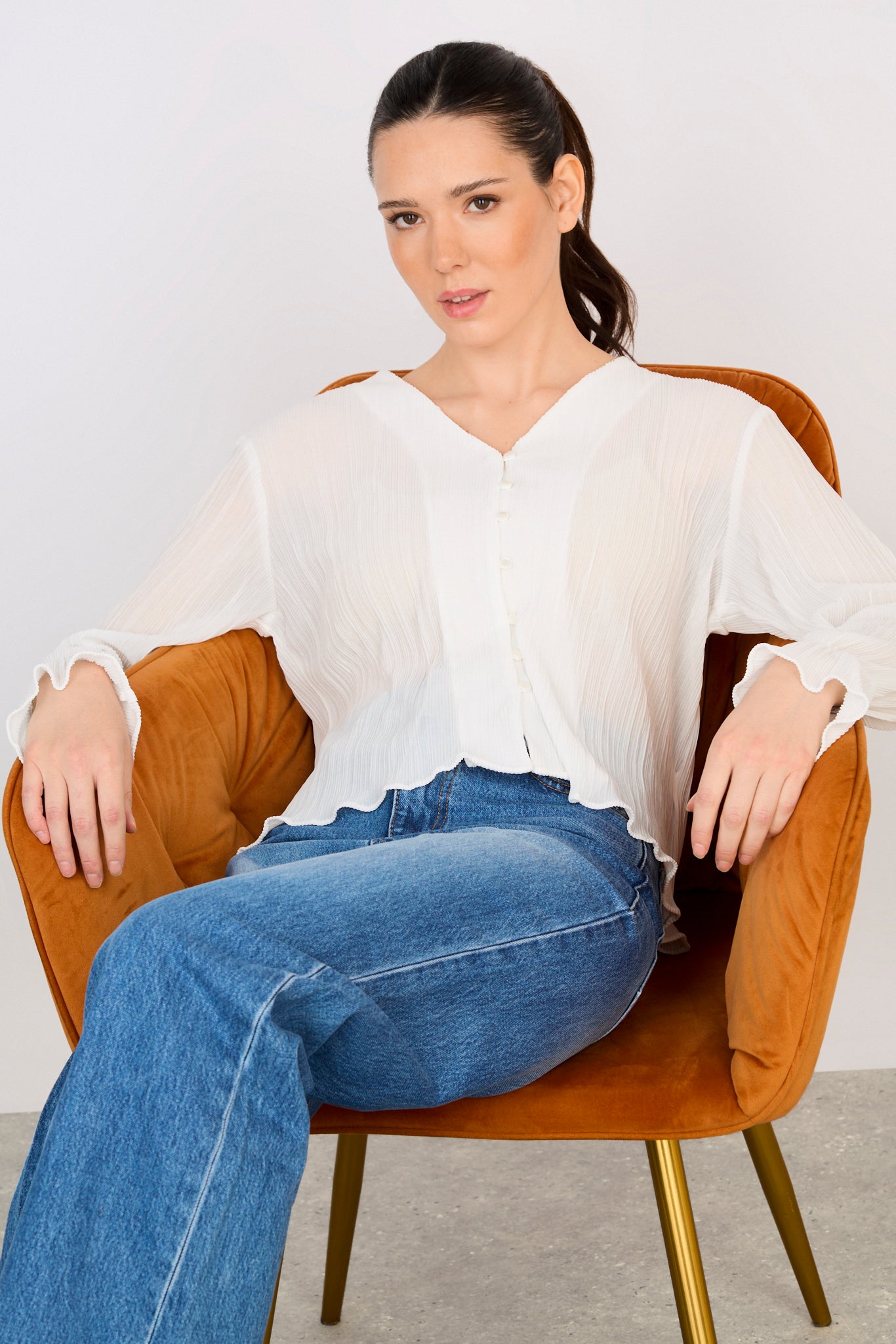 White micro rib button front blouse_5