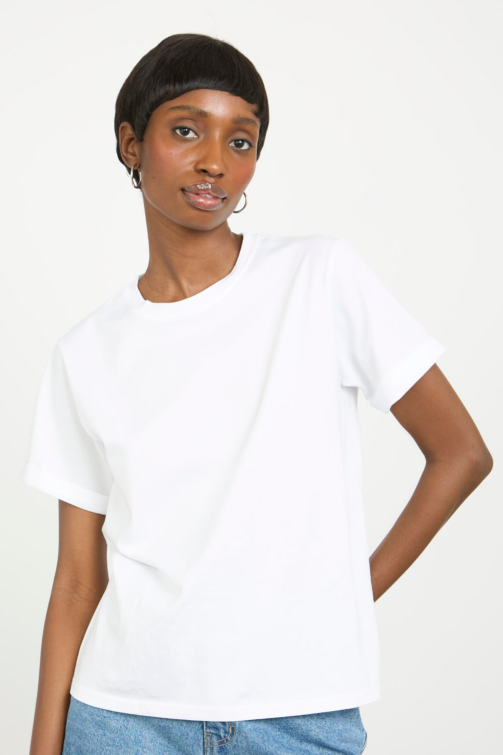 White pure cotton rolled hem T-shirt_1