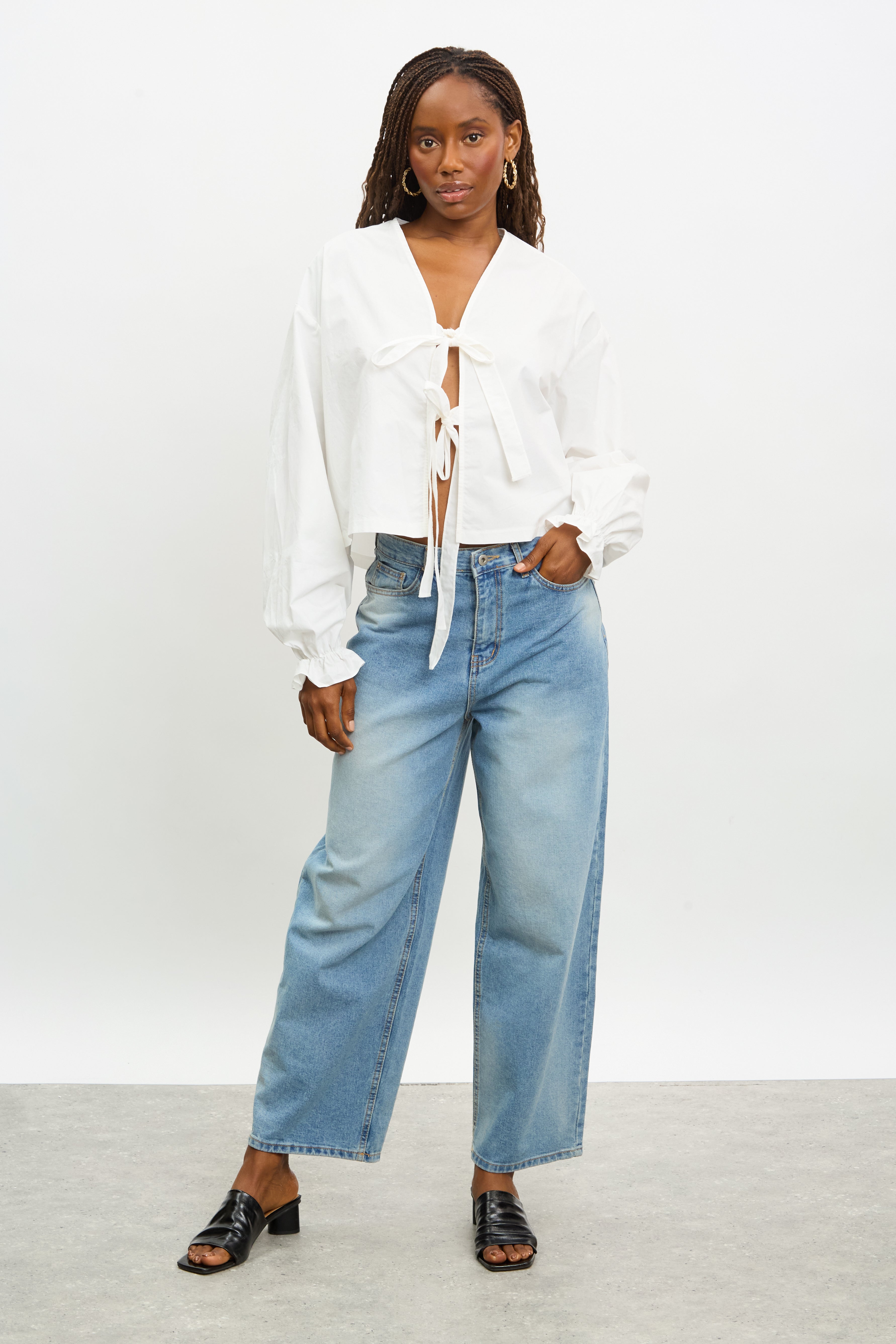 White pure cotton tie front blouse_4