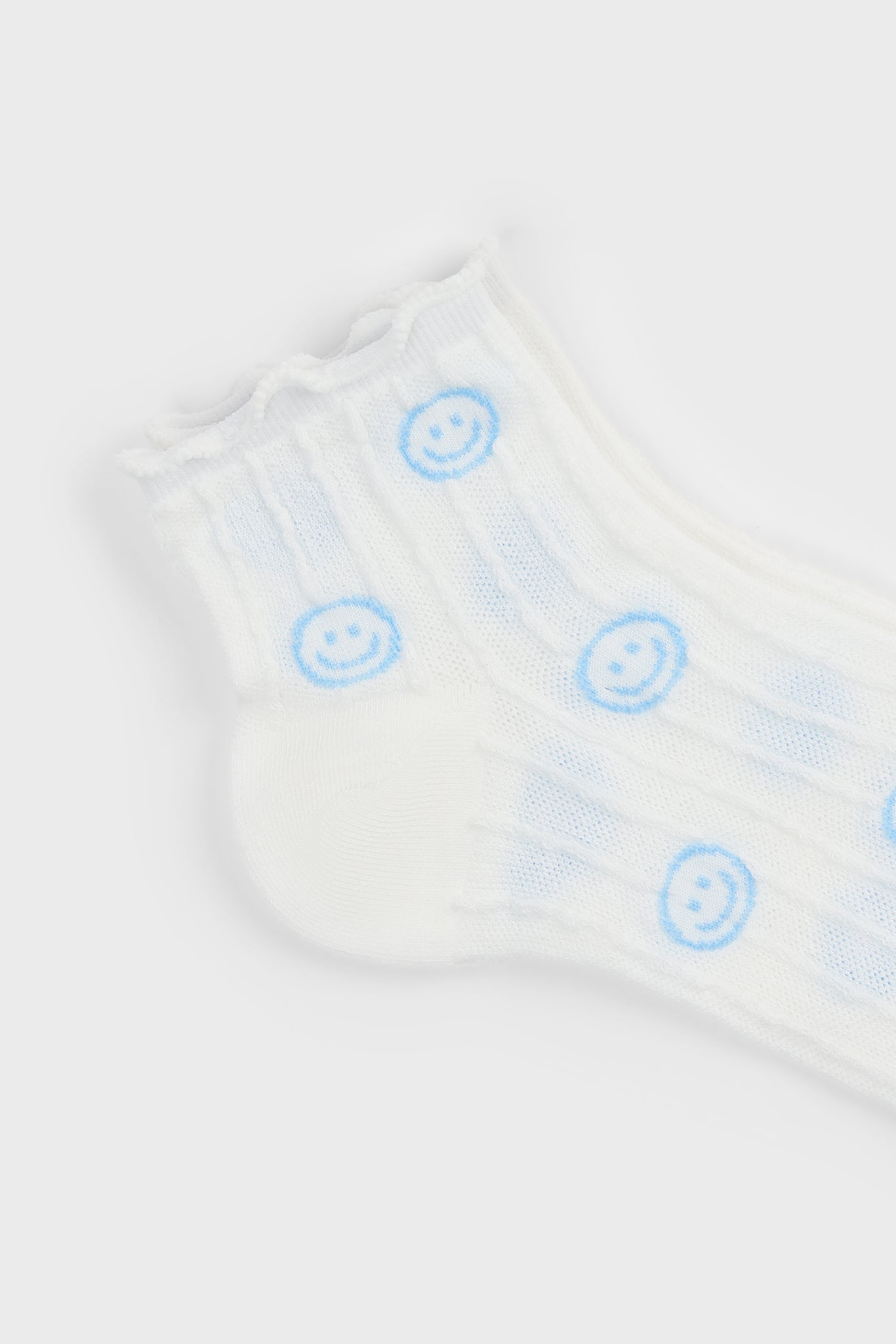 White ribbed blue smiley face ruffle trim socks_2