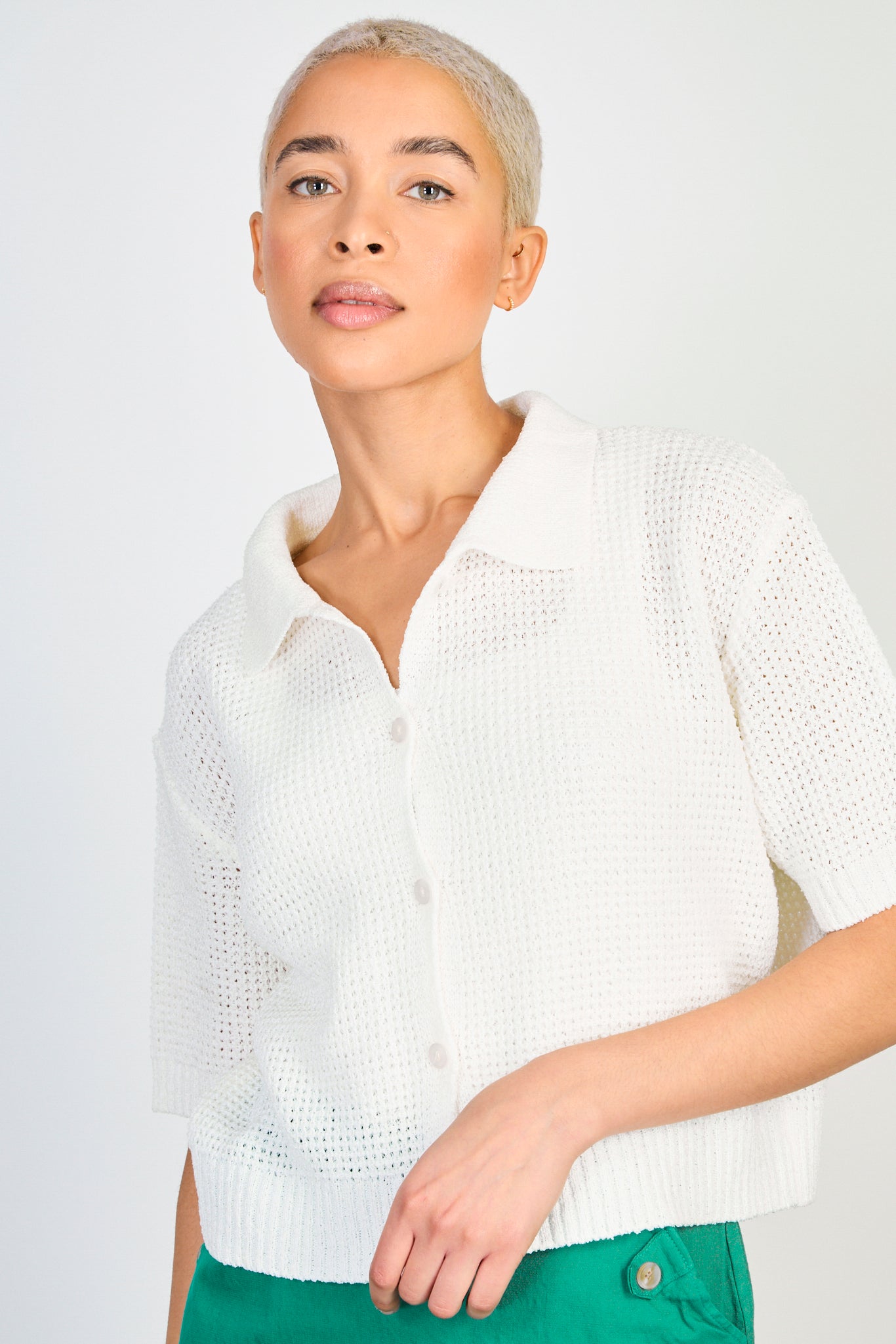 White waffle knit button up tee_1