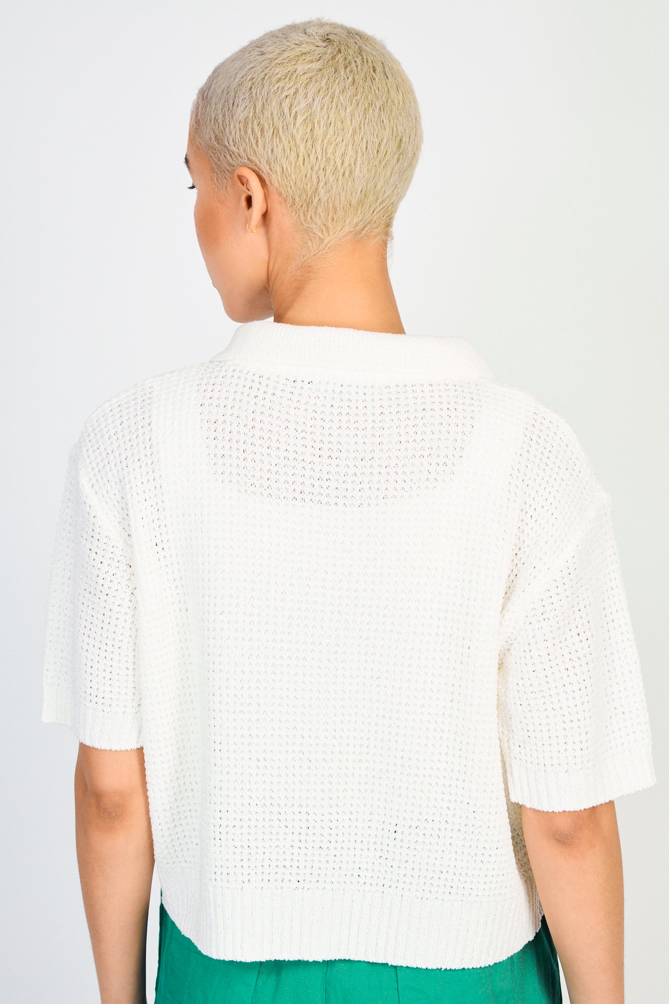 White waffle knit button up tee_2