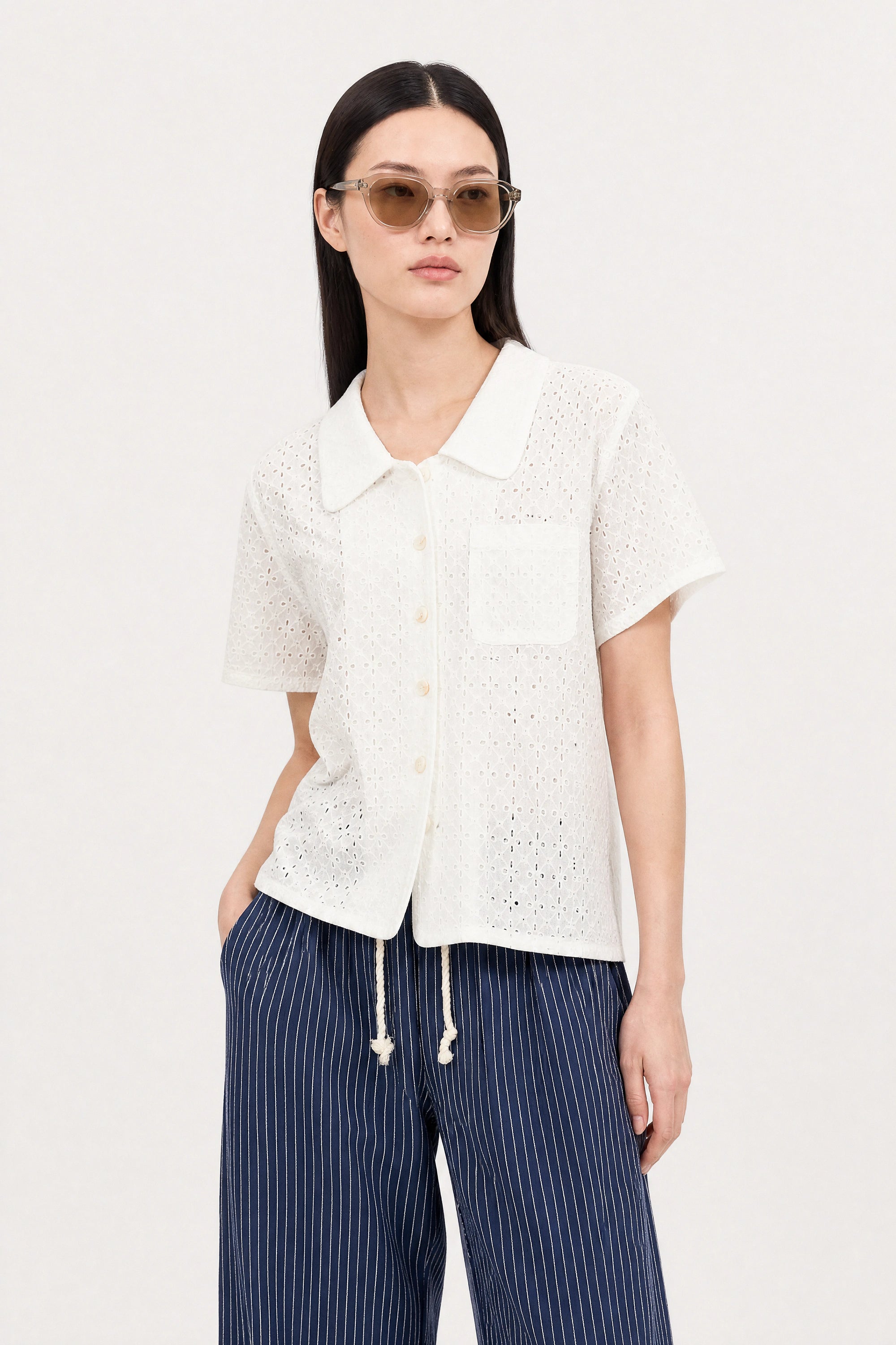 White eyelet short sleeved shirt blouse_1