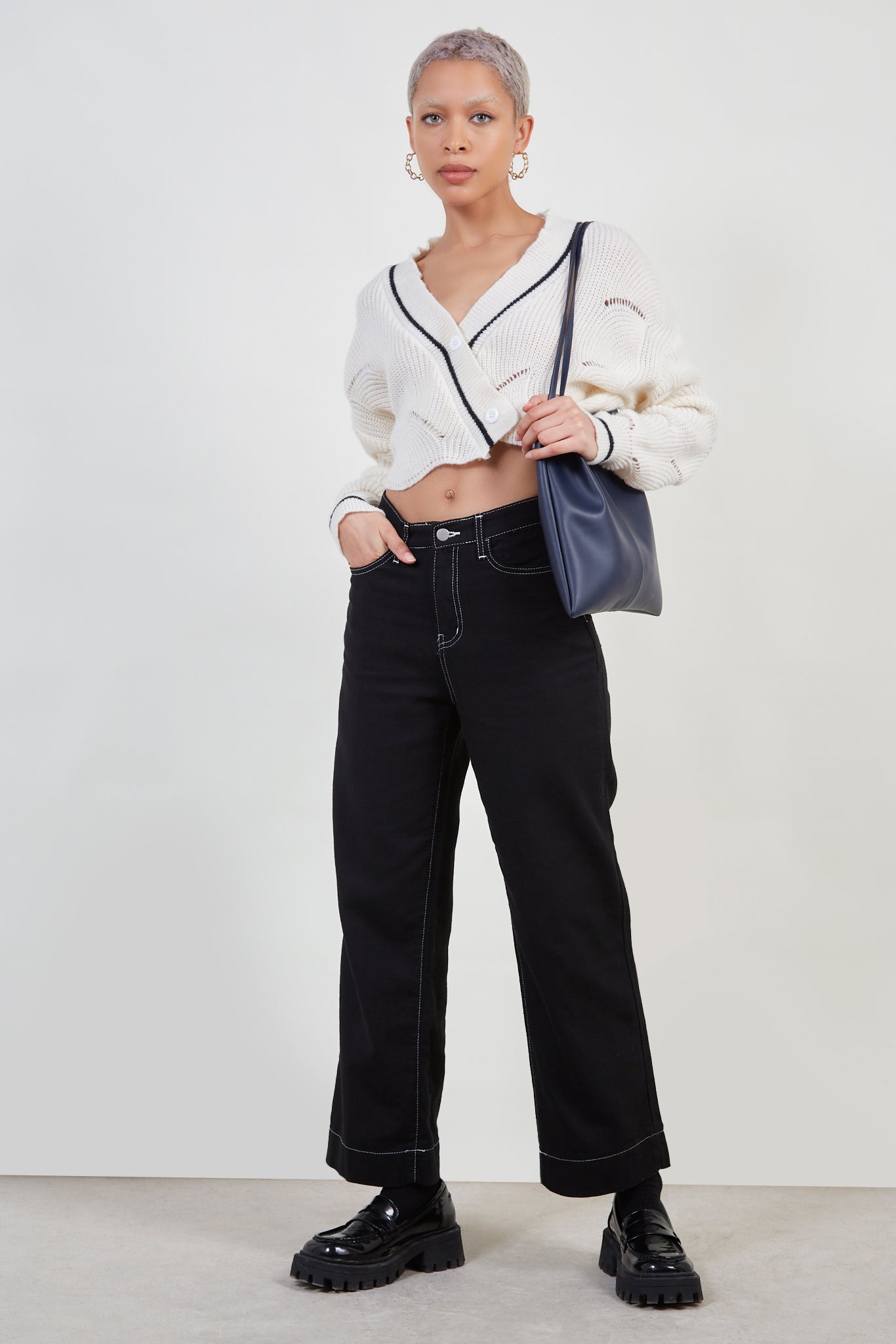 White and black trim textured cardigan_3