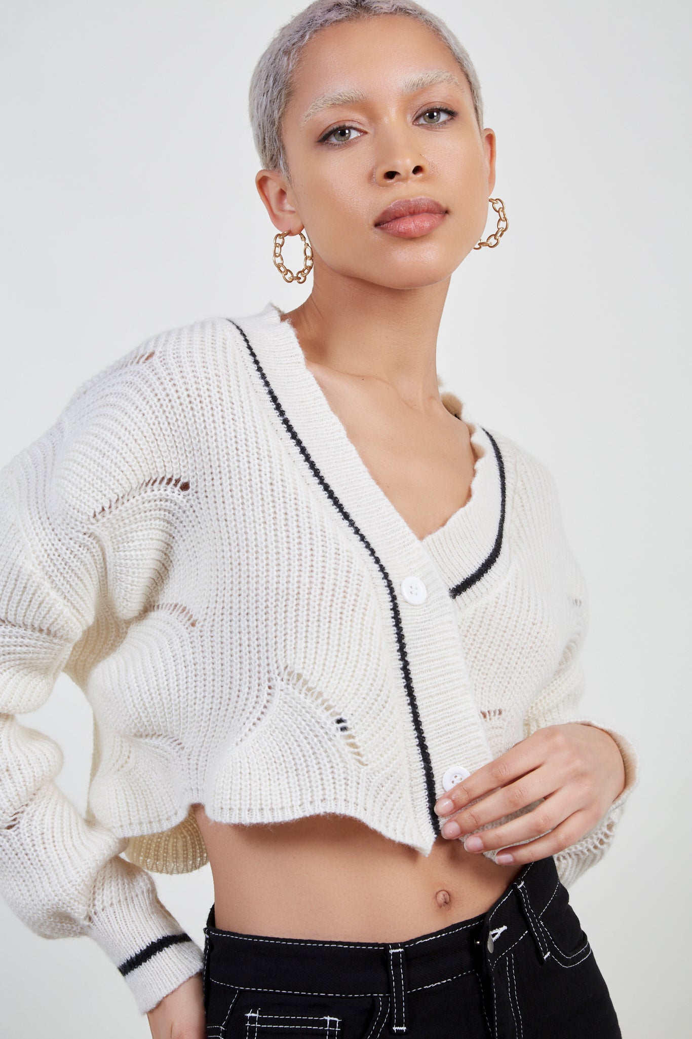 White and black trim textured cardigan_2