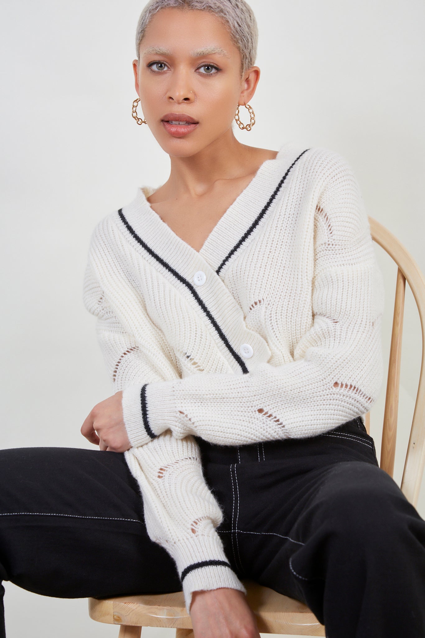 White and black trim textured cardigan_1