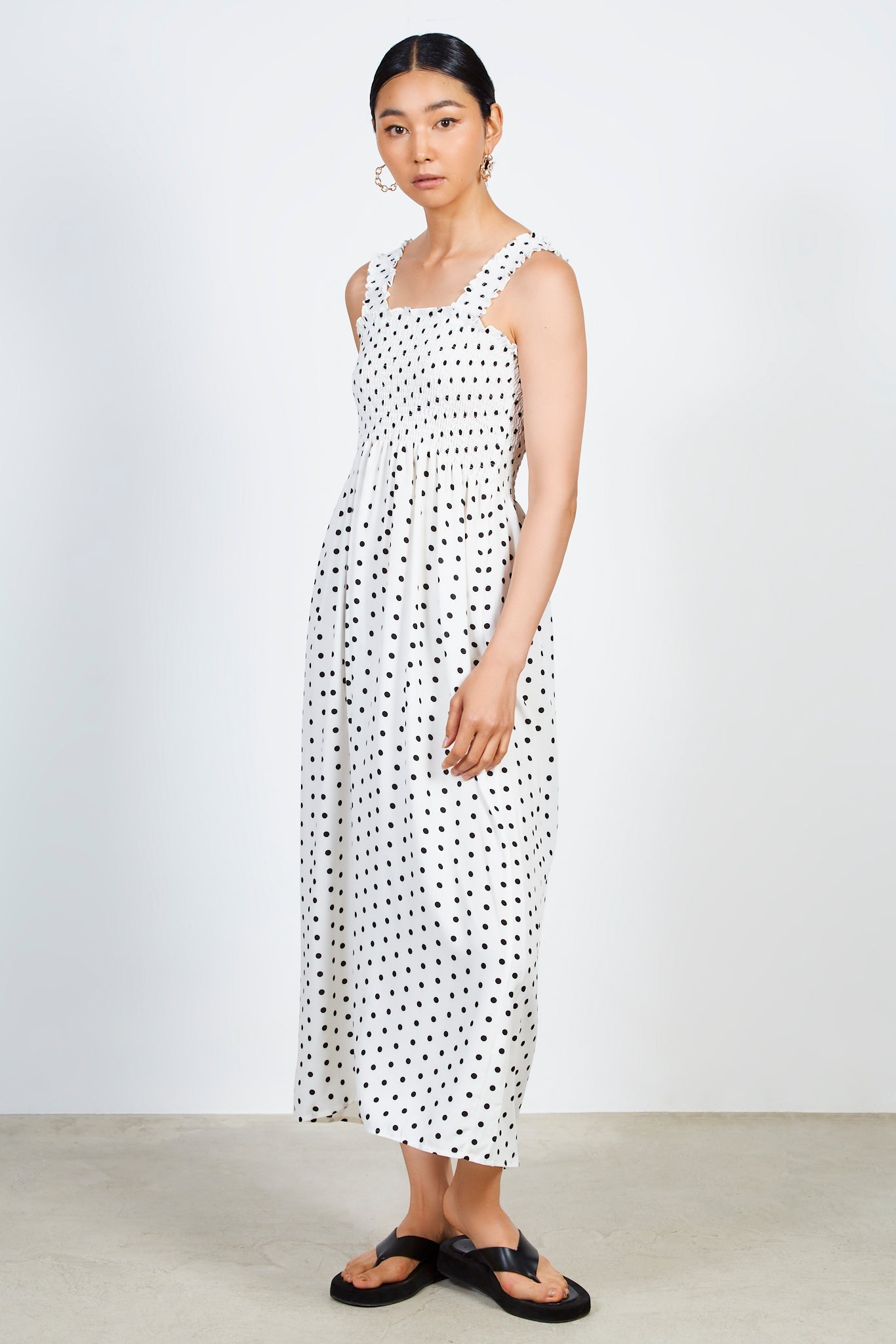 White and black polka dot ruched bodice dress_1