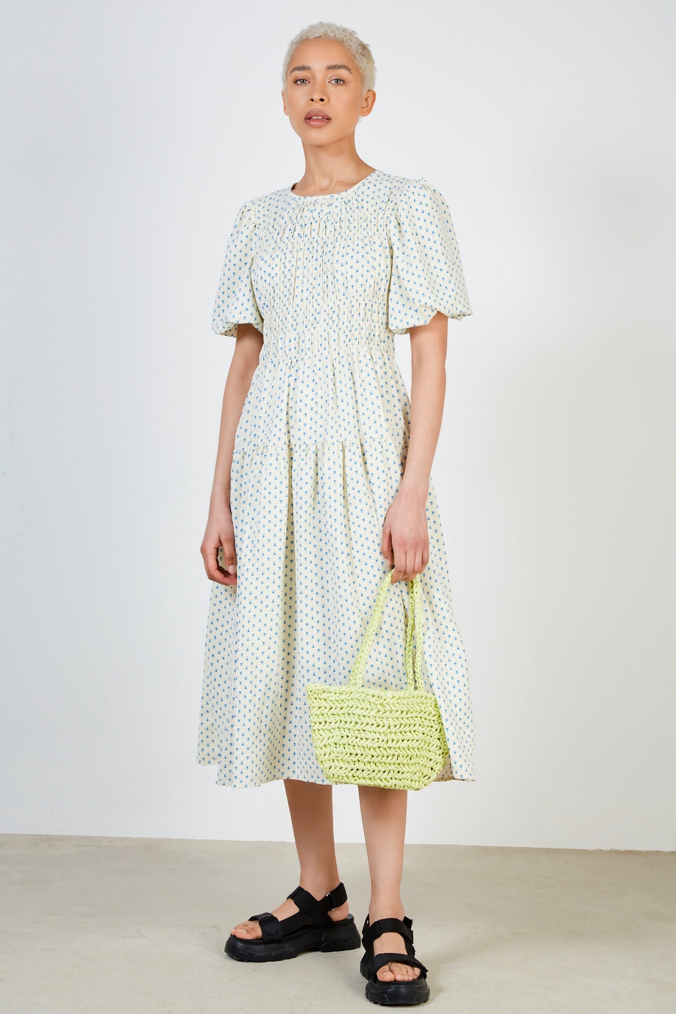 White and blue flower smocked dress_1