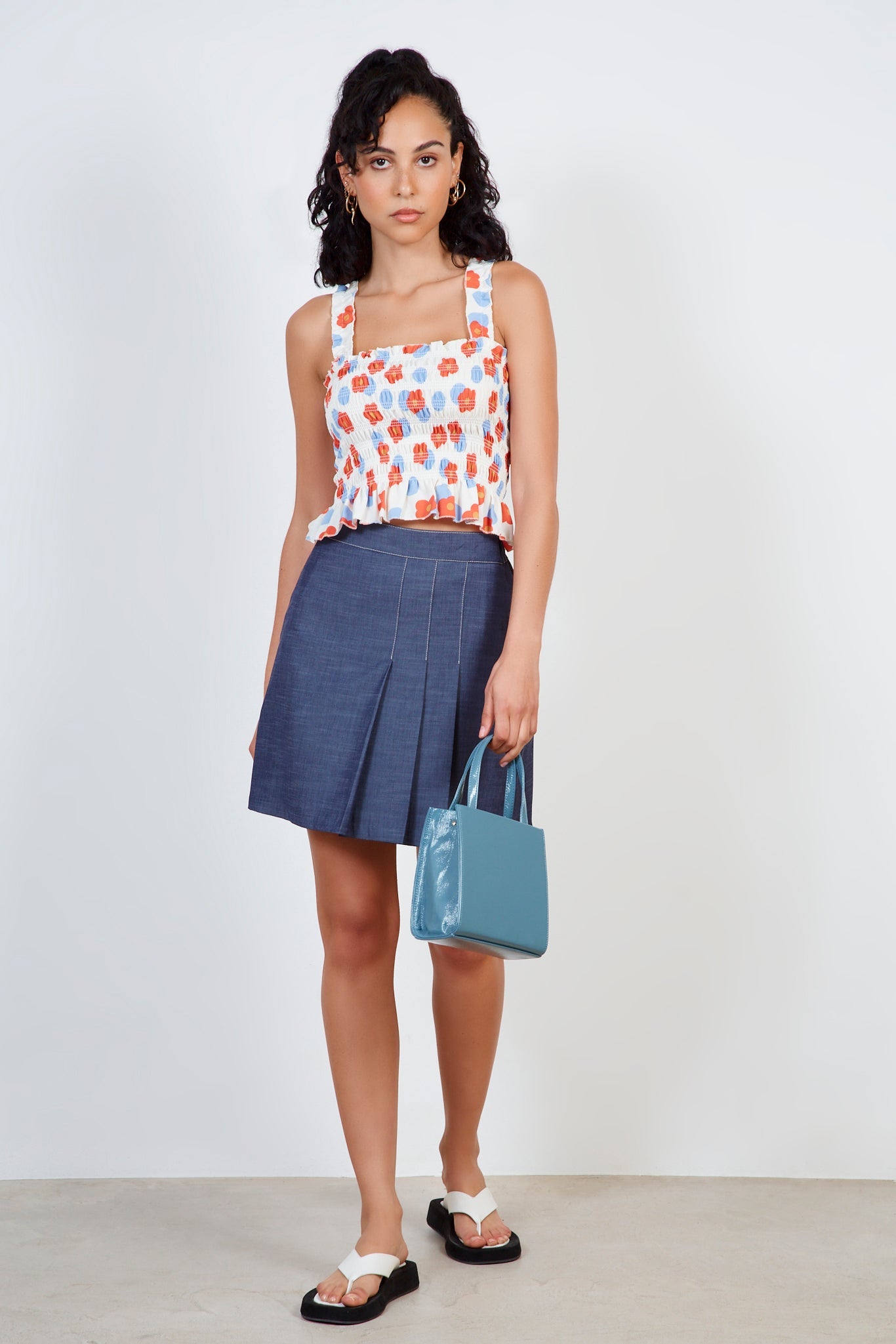 White and red floral ruched tank_3