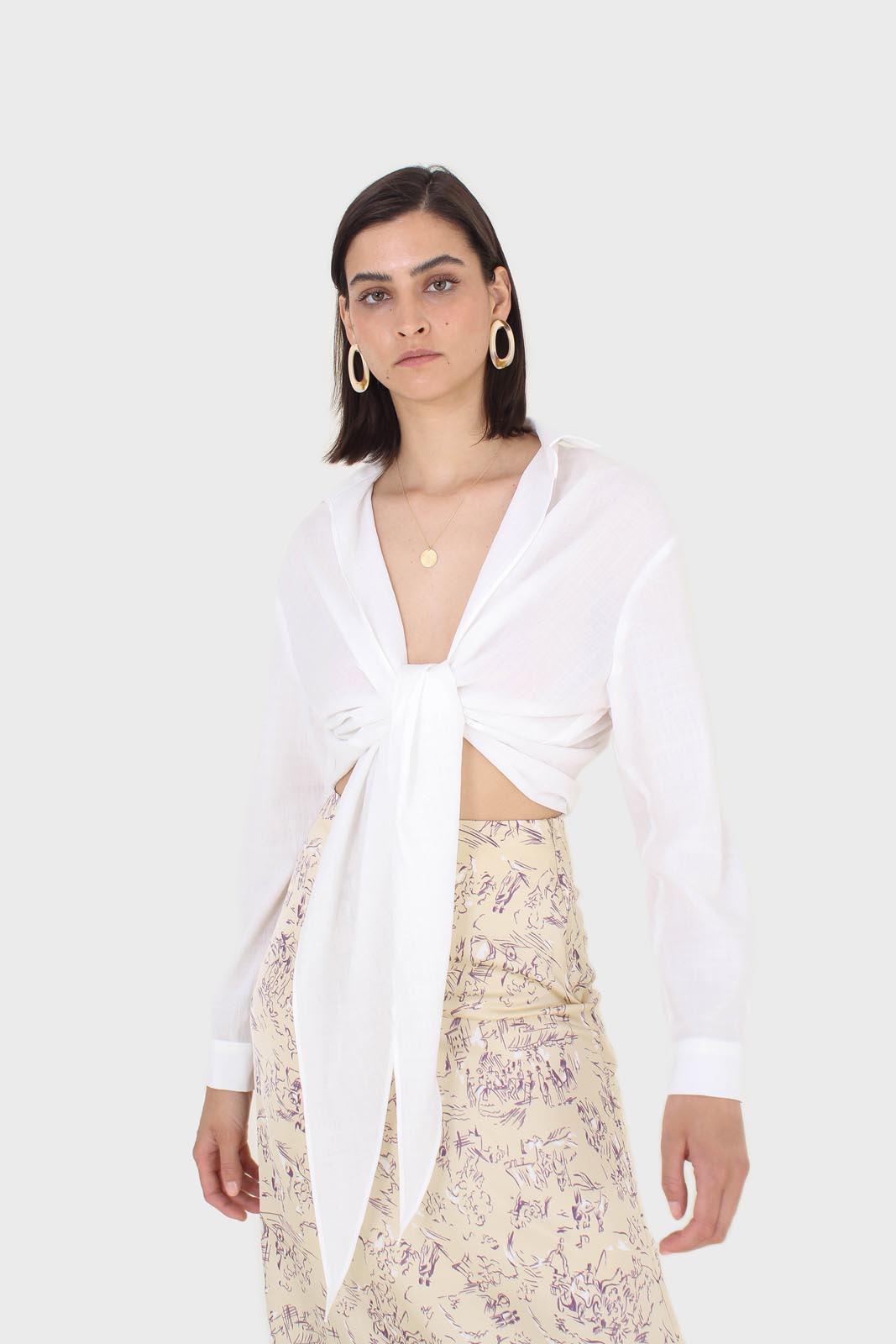 White linen plunging tie front shirt_2