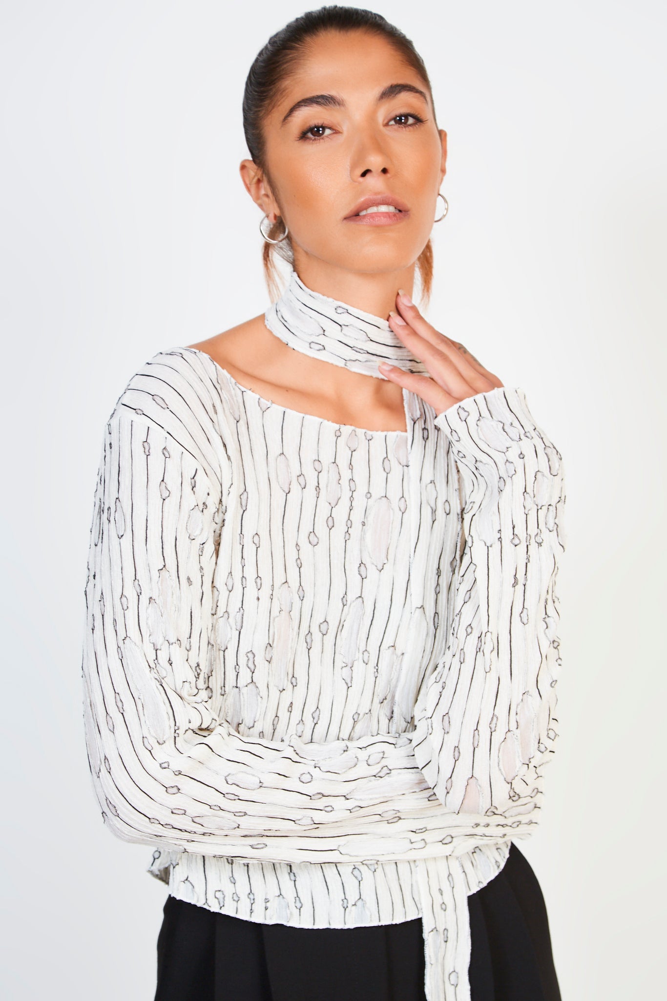 White semi sheer black weave blouse_1