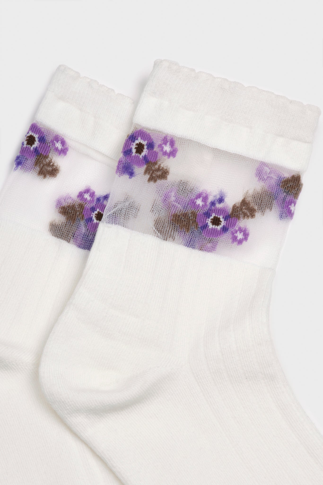White sheer ankle purple flower socks_4