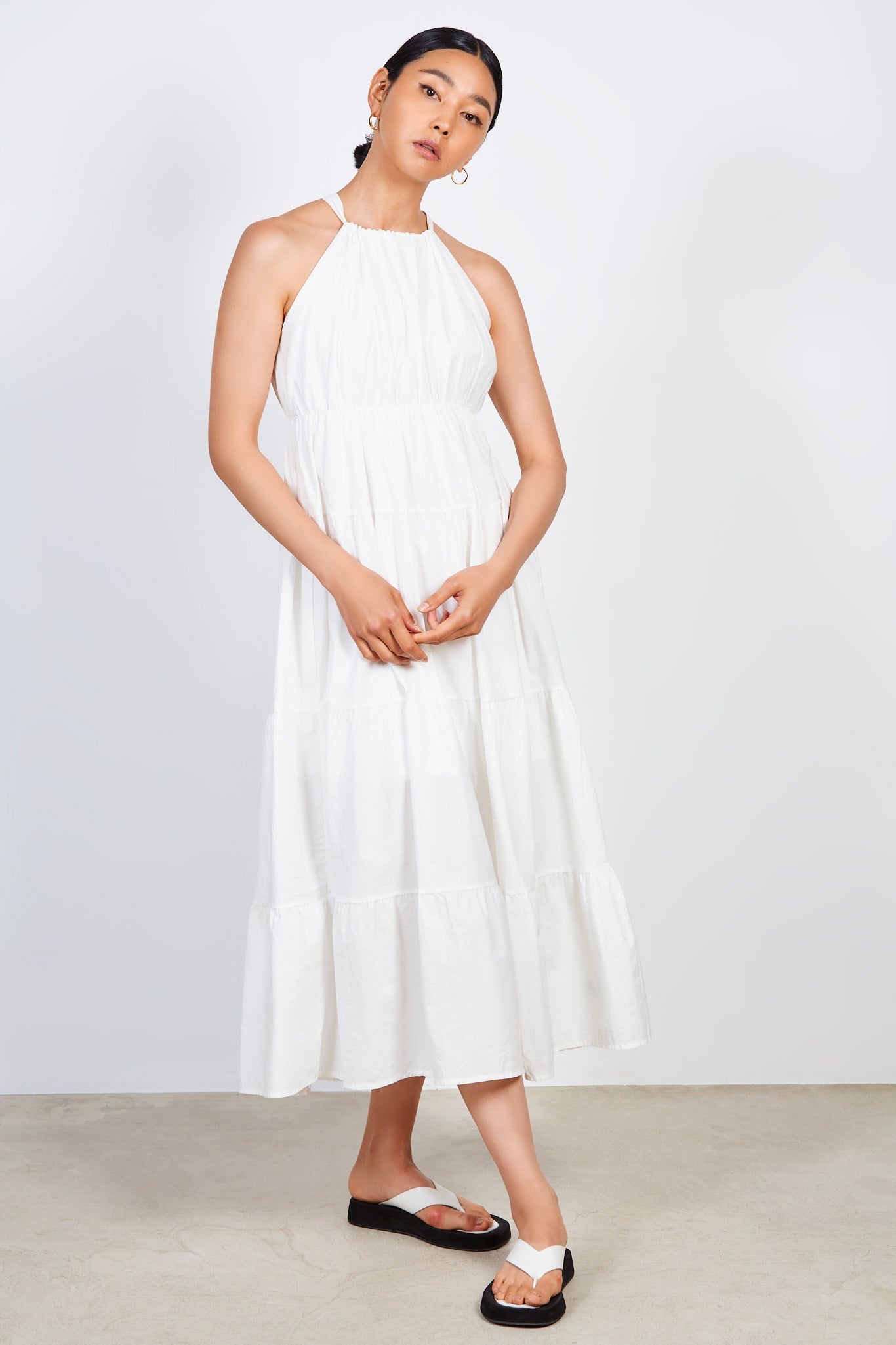 White tiered halter neck maxi dress_1