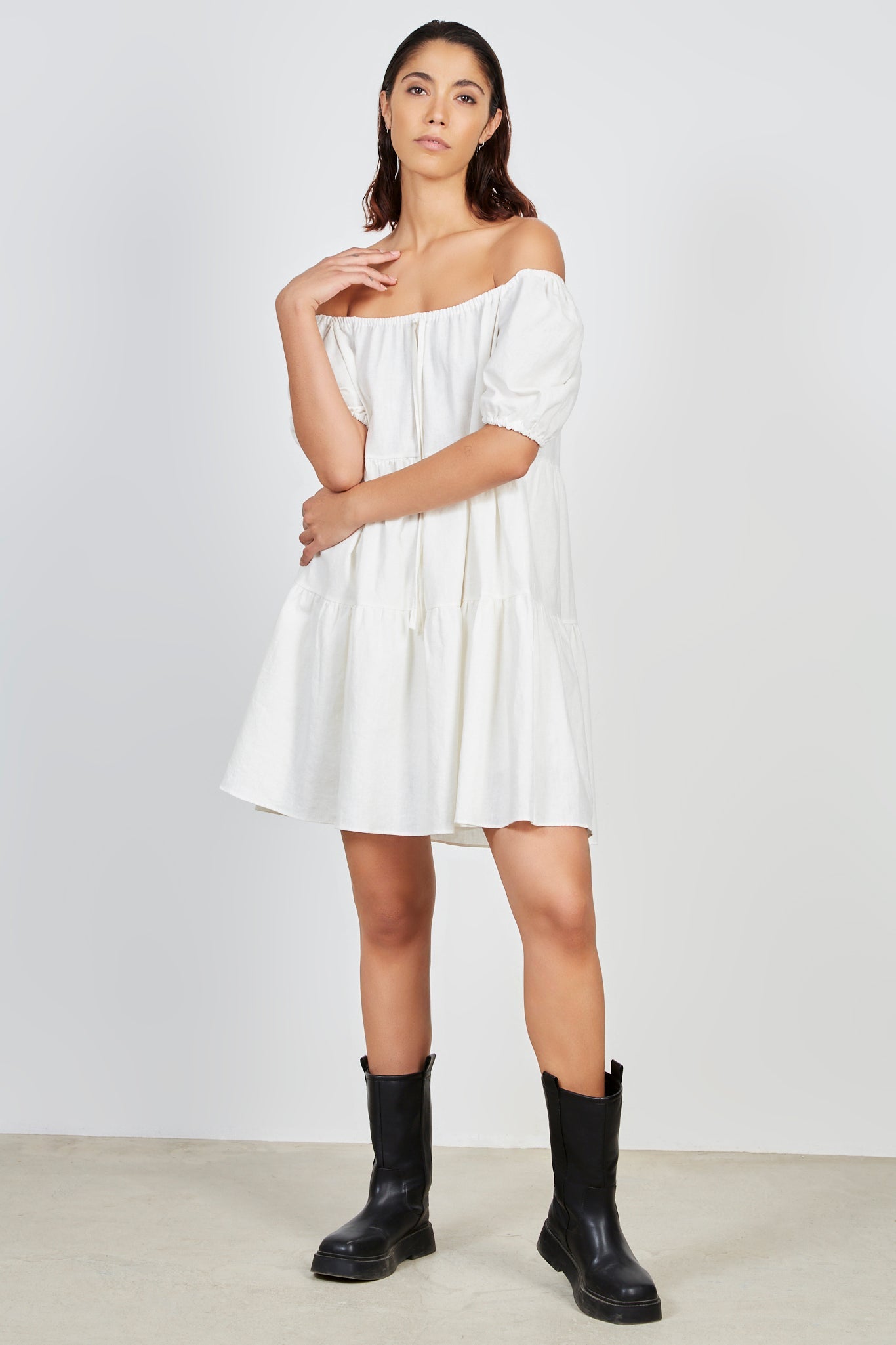 White tiered puff sleeve mini dress