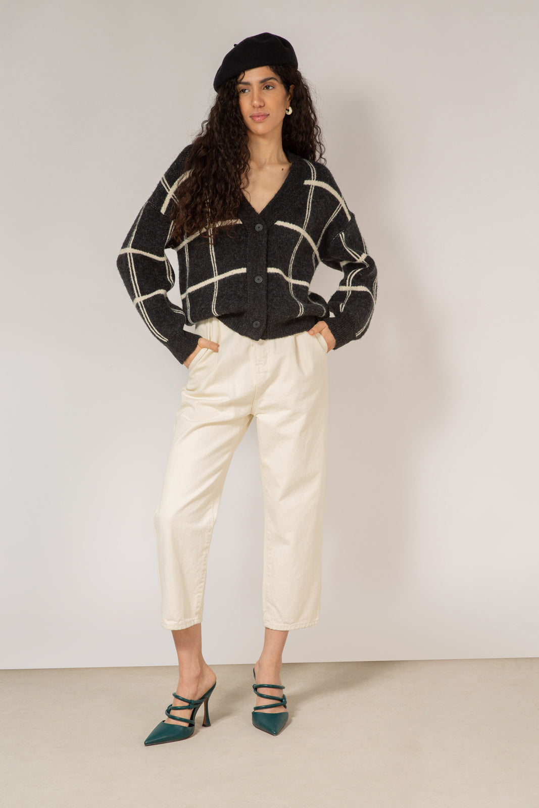 Charcoal and white giant box check cardigan_7