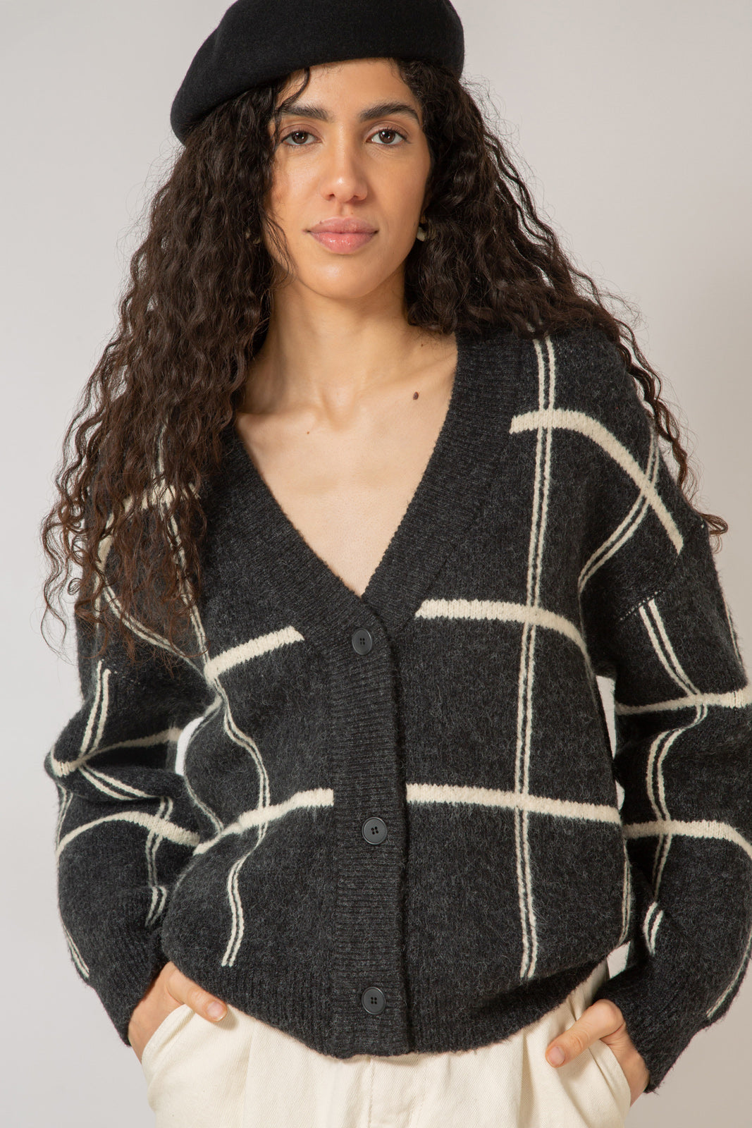 Charcoal and white giant box check cardigan_1
